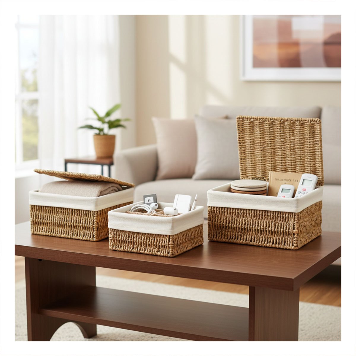 CESTA DE ORDEN DOMESTICO CON TAPA MOSTAZA 38X28 33X23 28X18 Y+PAPEL REGALO - 5