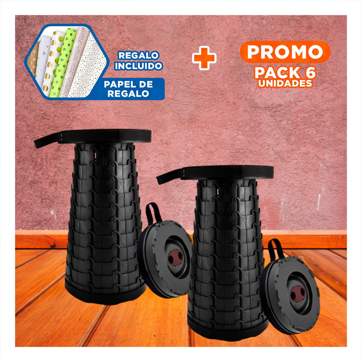PACK6 TABURETE DURABLE PLEGABLE 3 SEGUROS PORTATILES TAPA NEGRO CENTRO NEGRO Y+PAPEL REGALO - 1
