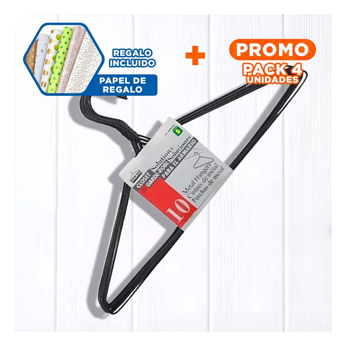 PACK4 SUJETADOR CLASICO DE ALAMBRE NEGRO CON 10 PIEZAS 21X40CM PARA HOGAR Y+PAPEL REGALO - 1