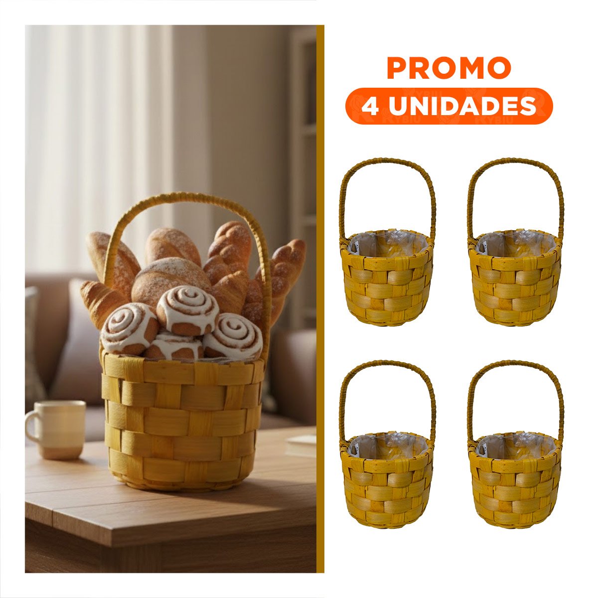 PACK4 CESTO TEJIDO CIRCULAR CON ASA PARA ESTILO NATURAL EN EL HOGAR Y+REGALO STICKER - 1