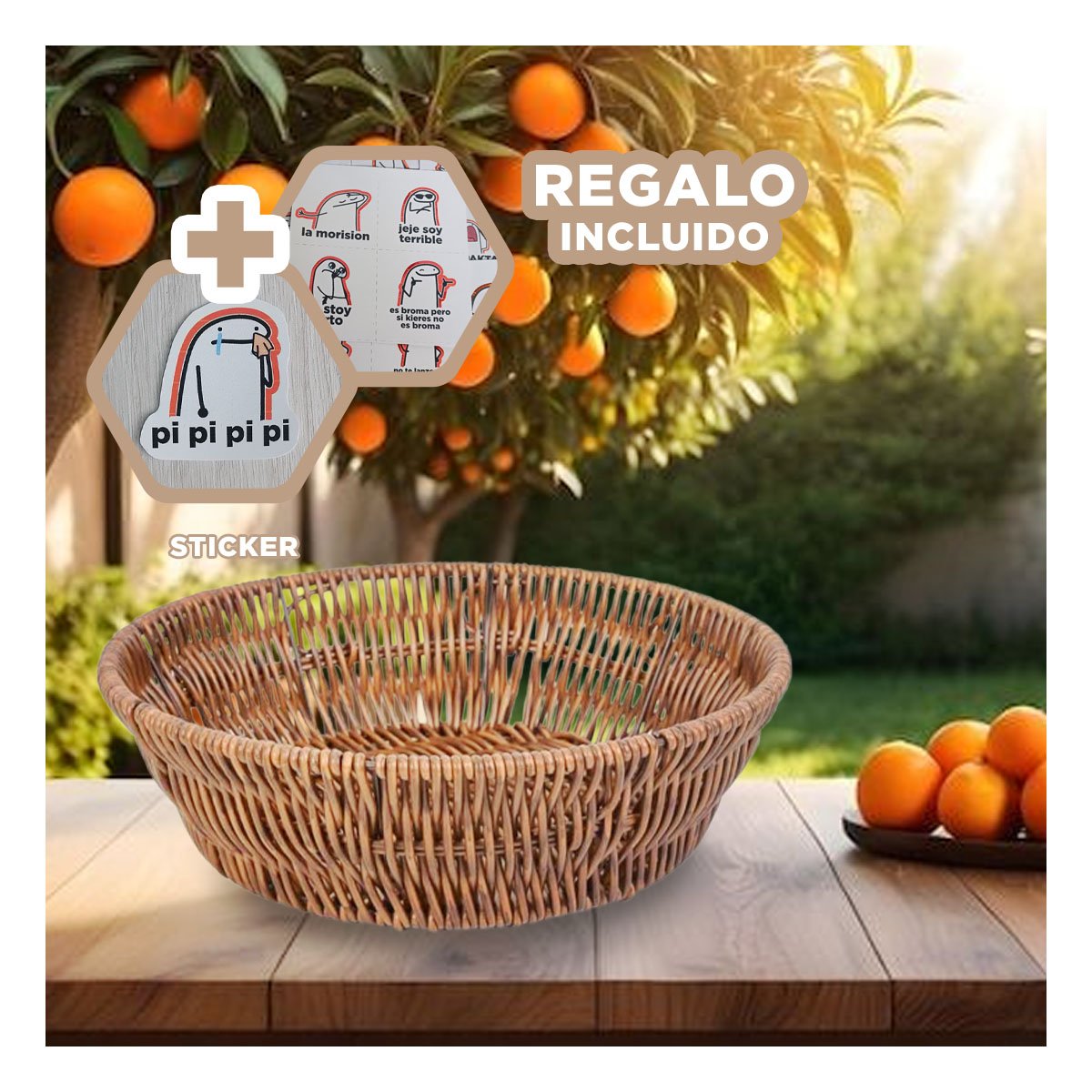 CESTA TEJIDA CIRCULAR 25X19X7CM MARRON RESISTENTE USO DIARIO PLUS YREGALO STICKER - 1