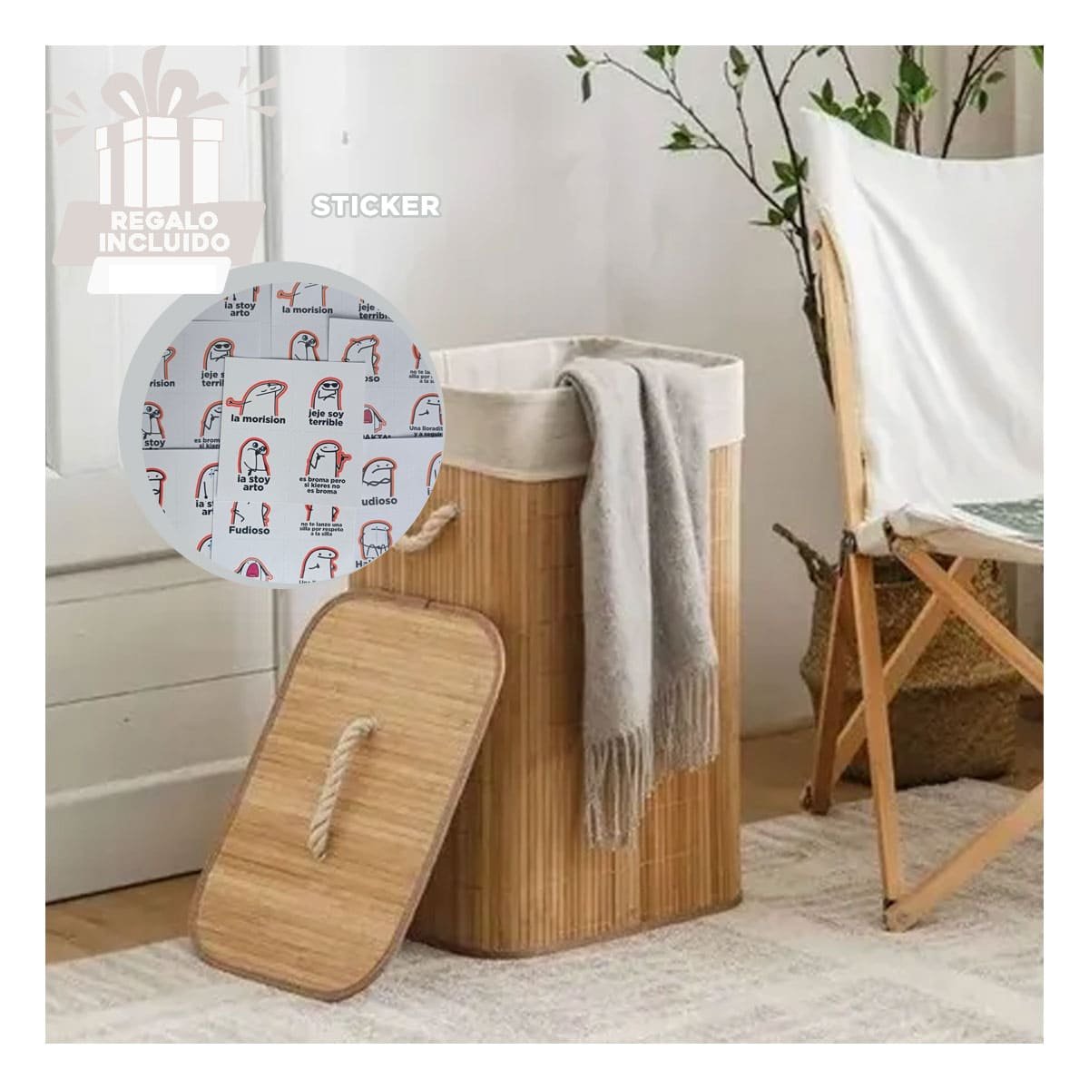 CONTENEDOR PLEGABLE DE BAMBU CON TAPA PARA ALMACENAMIENTO FUNCIONAL DEL HOGAR Y+REGALO STICKER - 1