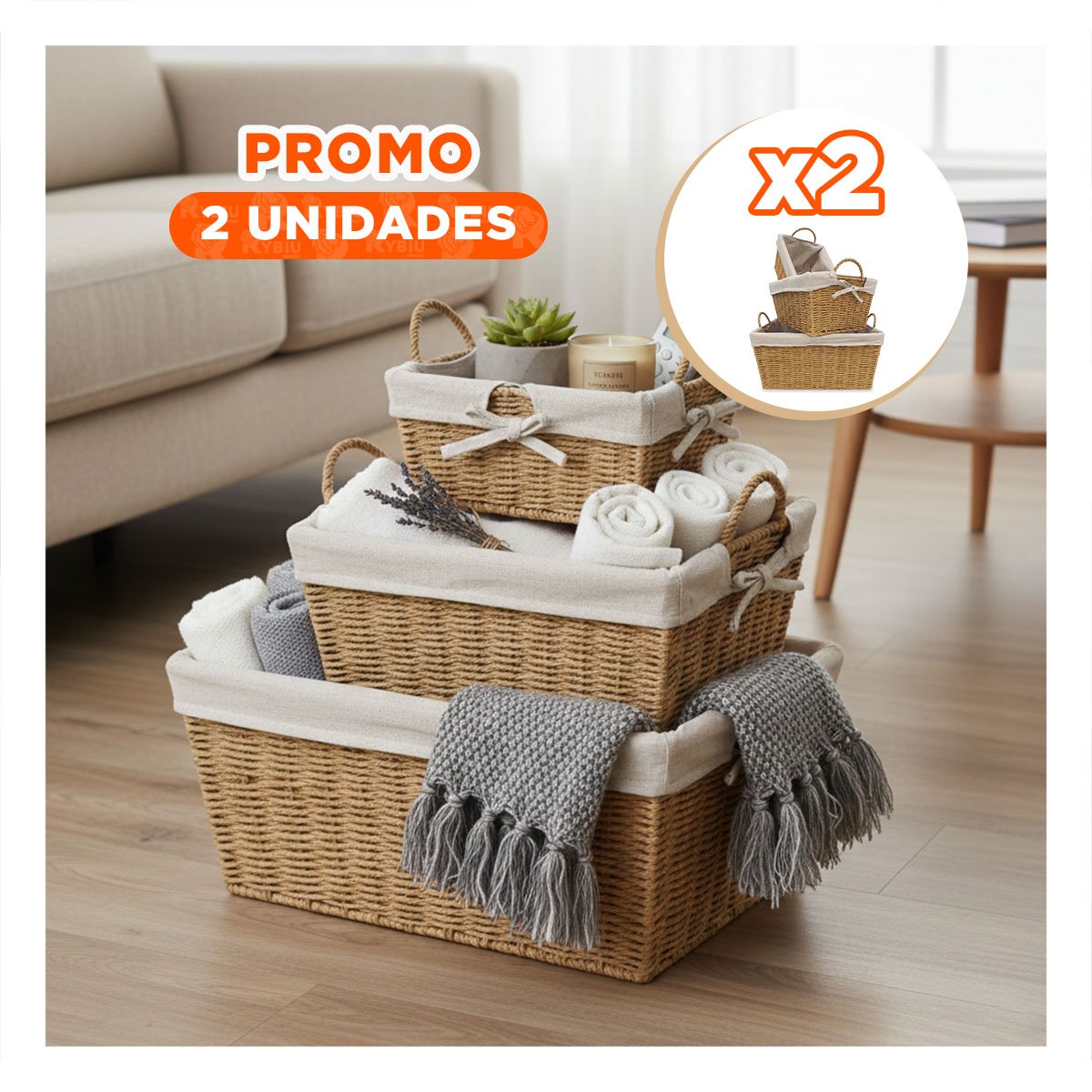 PACK2 COMBO DE CANASTAS RECTANGULARES CON FORRO INTERIOR Y COLOR MOSTAZA Y+REGALO STICKER - 1