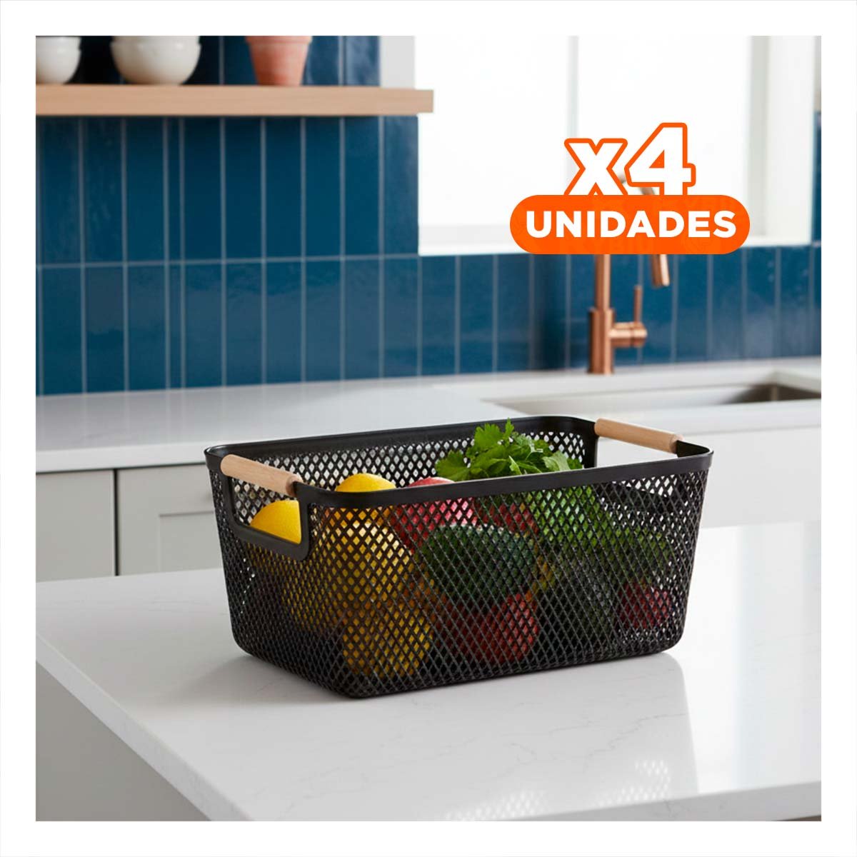 PACK4 CESTA ESTILO MODERNO DE MALLA CON ASAS DE MADERA NEGRO PARA ORGANIZAR OBJETOS EN HOGAR - 1