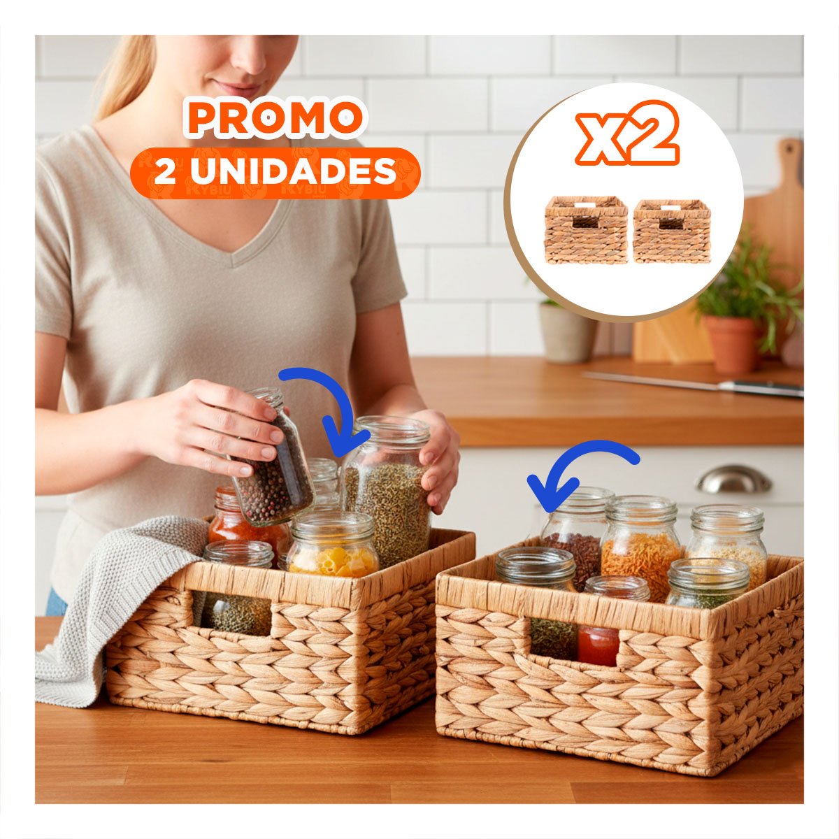 PACK2 JUEGO DE CANASTAS CUADRADAS TEJIDAS MOSTAZA CON ASAS PARA MANTENER ORDEN Y+REGALO STICKER - 1