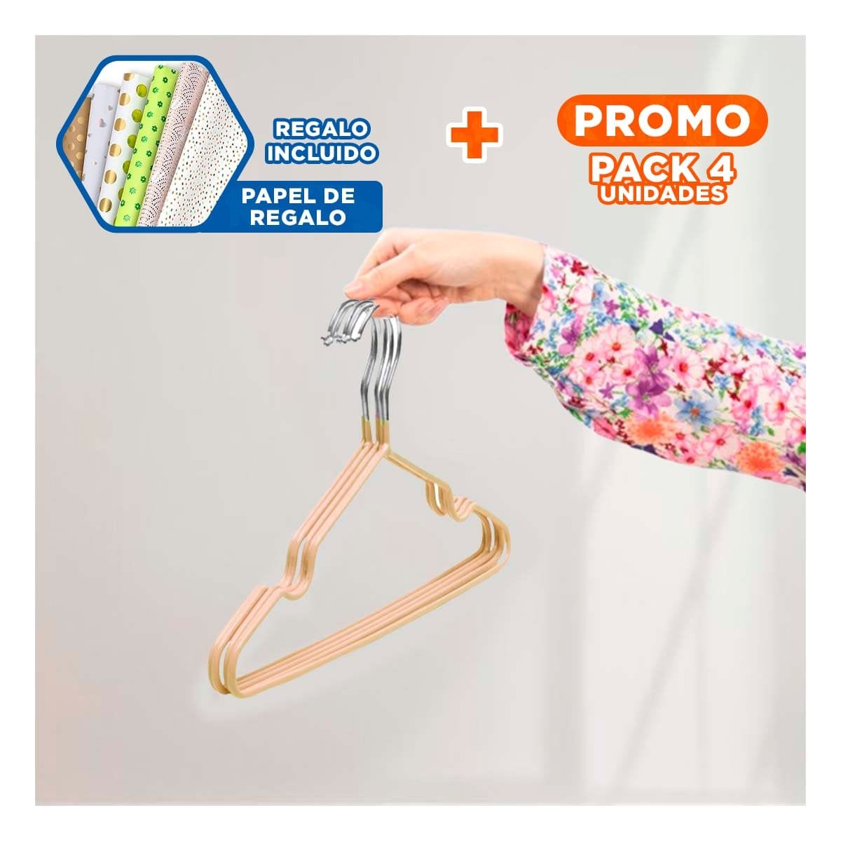 PACK4 COLGADOR DE ALAMBRE MODERNO Y DURABLE PARA ROPA 5 PIEZAS 20X40,5CM CREMA Y+PAPEL REGALO - 1