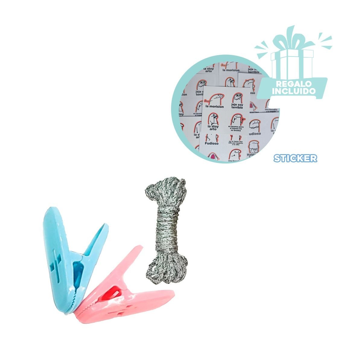 PINZAS DE ROPA CURVAS DE PLASTICO CON CUERDA PARA PRENDAS LIGERAS Y+REGALO STICKER - 1