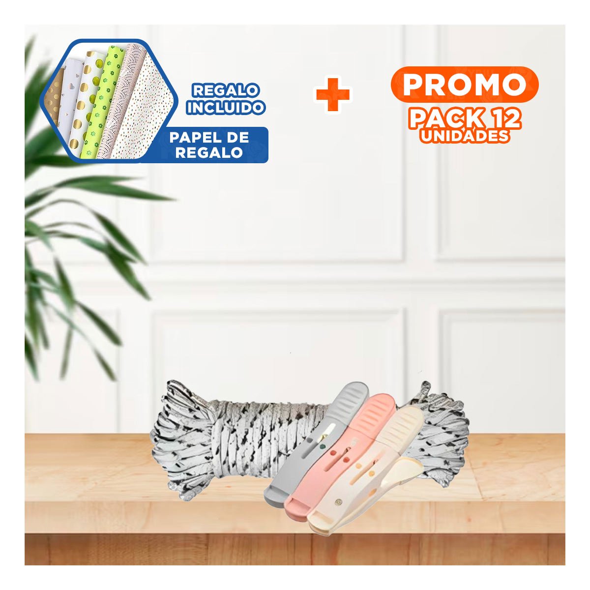 PACK12 GANCHOS MULTICOLOR PARA ROPA DE TRES COLORES CON CUERDA PARA COLGADO Y+PAPEL REGALO - 1