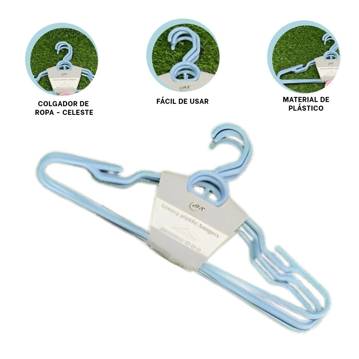 COLGADOR REDONDO DE PLASTICO CELESTE CIRCULO EN MEDIO DE 4 PIEZAS PARA ROPA - 3