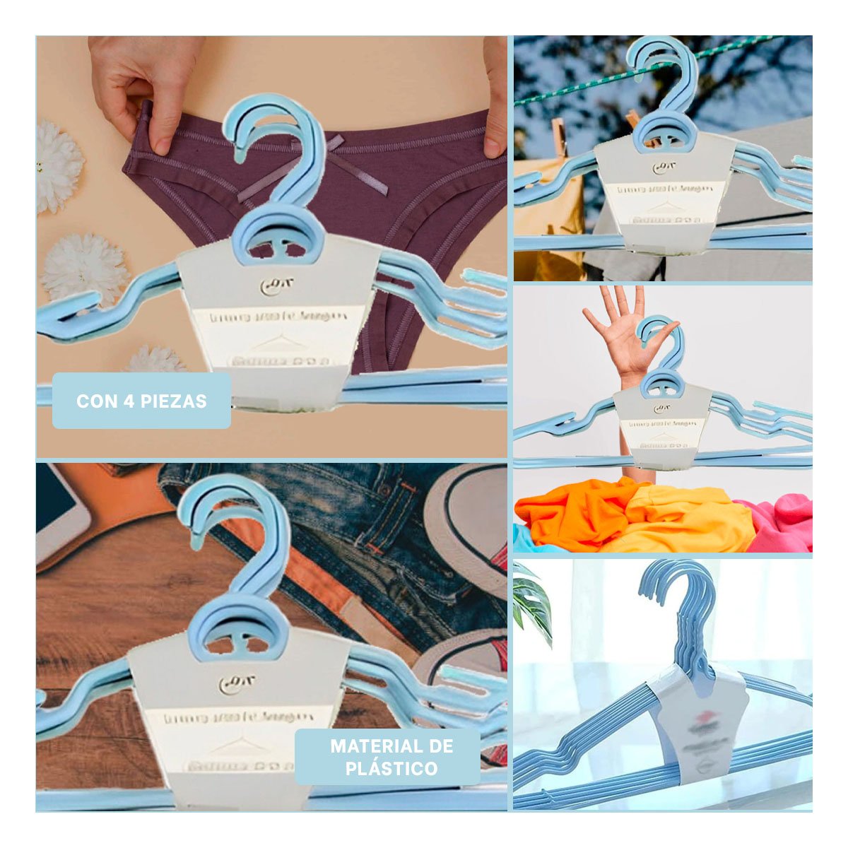 COLGADOR REDONDO DE PLASTICO CELESTE CIRCULO EN MEDIO DE 4 PIEZAS PARA ROPA - 5
