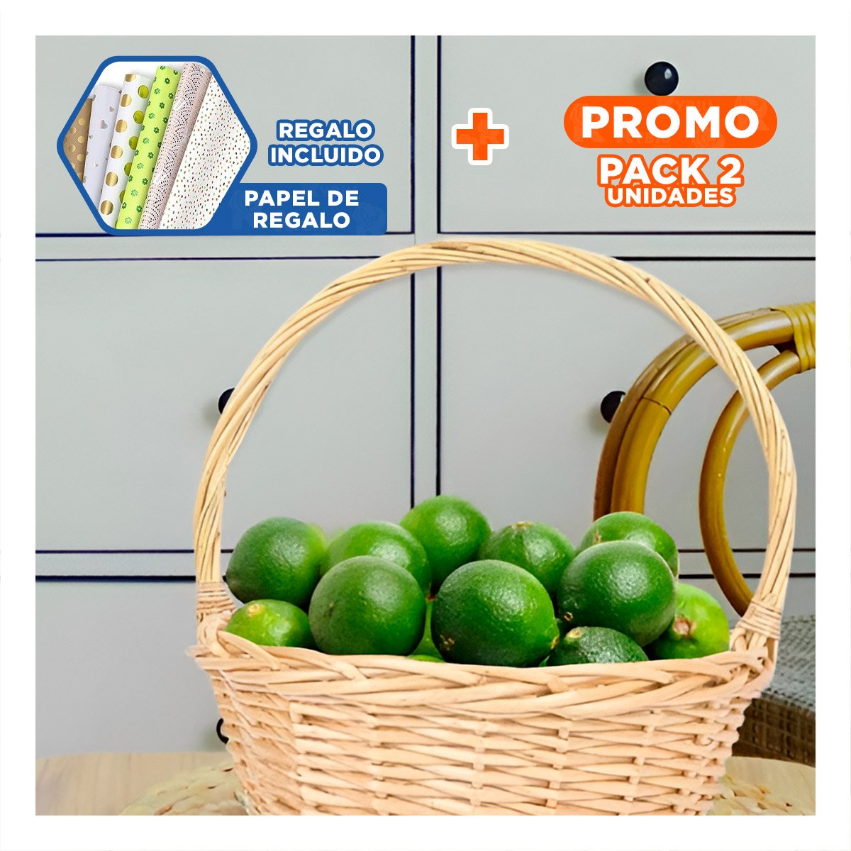 PACK2 CANASTA CON FORMA CIRCULAR EN MIMBRE Y DIMENSIONES 29X29X30CM Y+PAPEL REGALO - 1