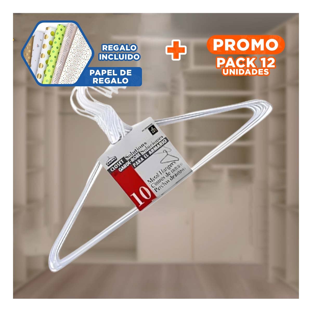 PACK12 PERCHA LIGERA BLANCA DE ALAMBRE SET X10 PIEZAS 21X40CM Y+PAPEL REGALO - 1