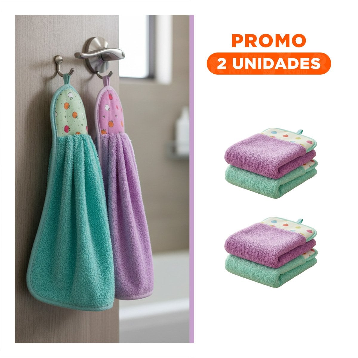 PACK2 LOTE TOALLAS 2 PIEZAS MORADO Y VERDE AGUA COLGADOR SUAVE 28X38CM - 1