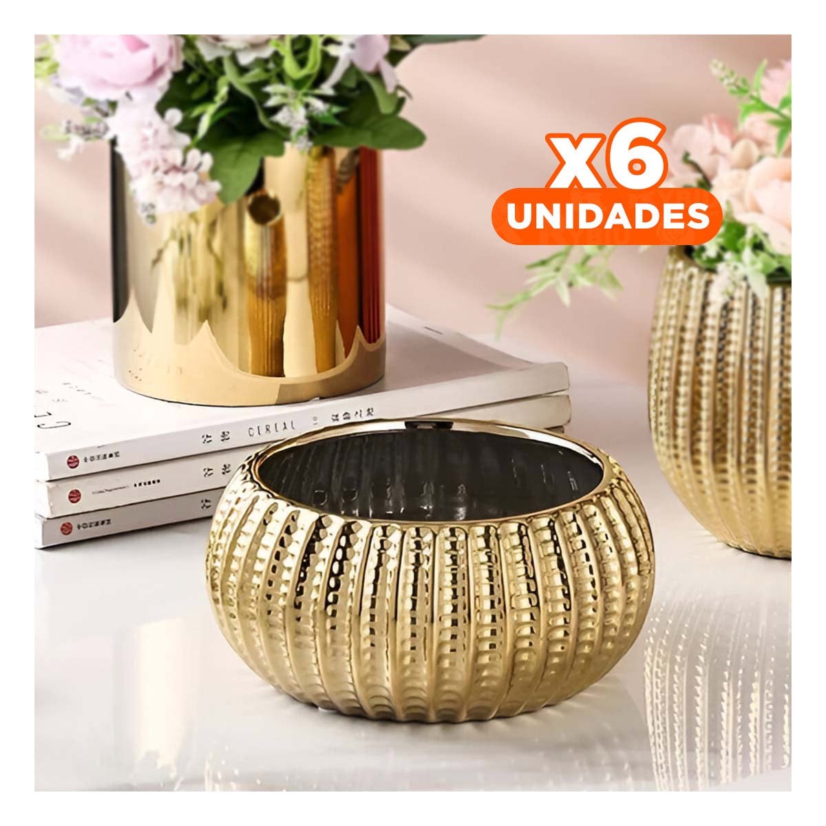 PACK6 VASIJA REDONDA CERAMICA DORADO 17.5X22X11.5CM Y+REGALO STICKER - 1