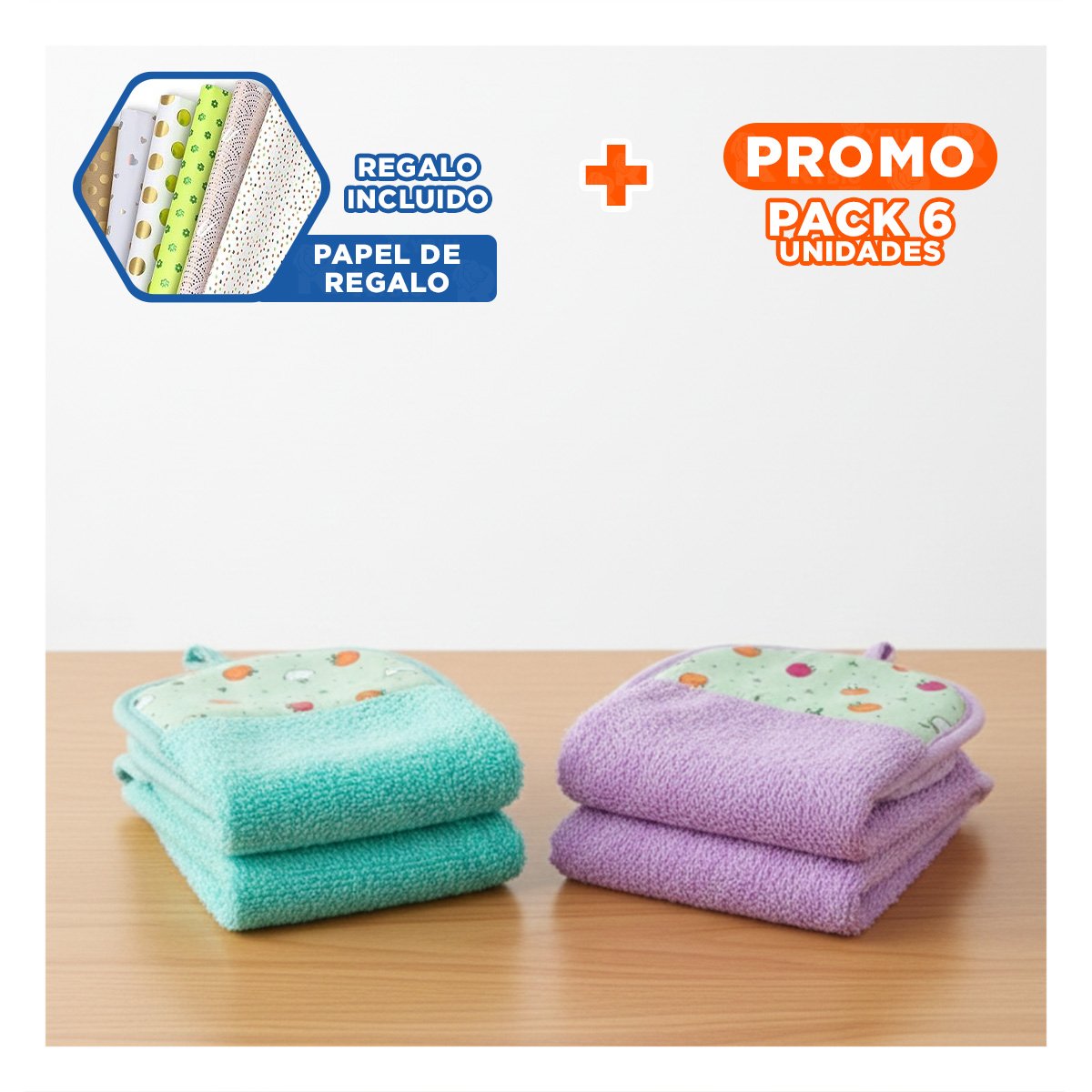 PACK6 KIT TOALLAS DE MANO 2 PIEZAS MORADO Y VERDE AGUA COLGADOR COLORIDO 28X38CM YPAPEL REGALO - 1