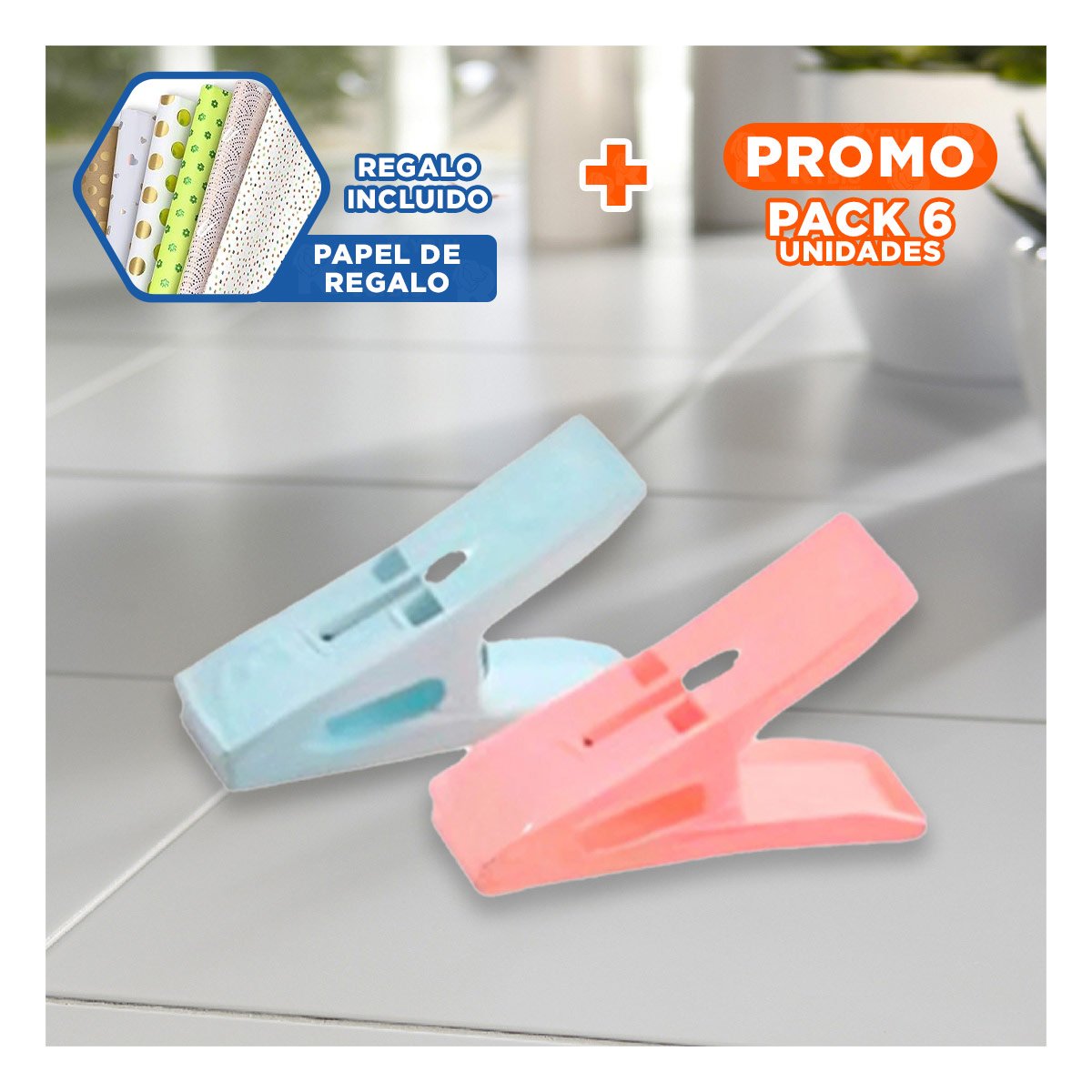 PACK6 PINZAS DE ROPA CUADRADAS MULTICOLOR CON CUERDA PARA ESPACIOS DEL HOGAR Y+PAPEL REGALO - 1