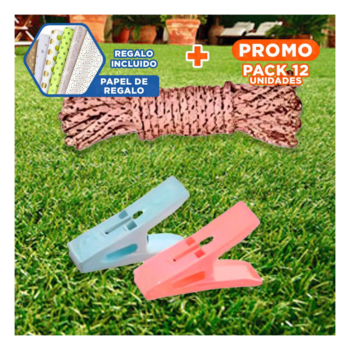 PACK12 PINZAS CUADRADAS MULTICOLOR PARA ROPA CON CUERDA PARA USO DIARIO CONTINUO Y+PAPEL REGALO - 1