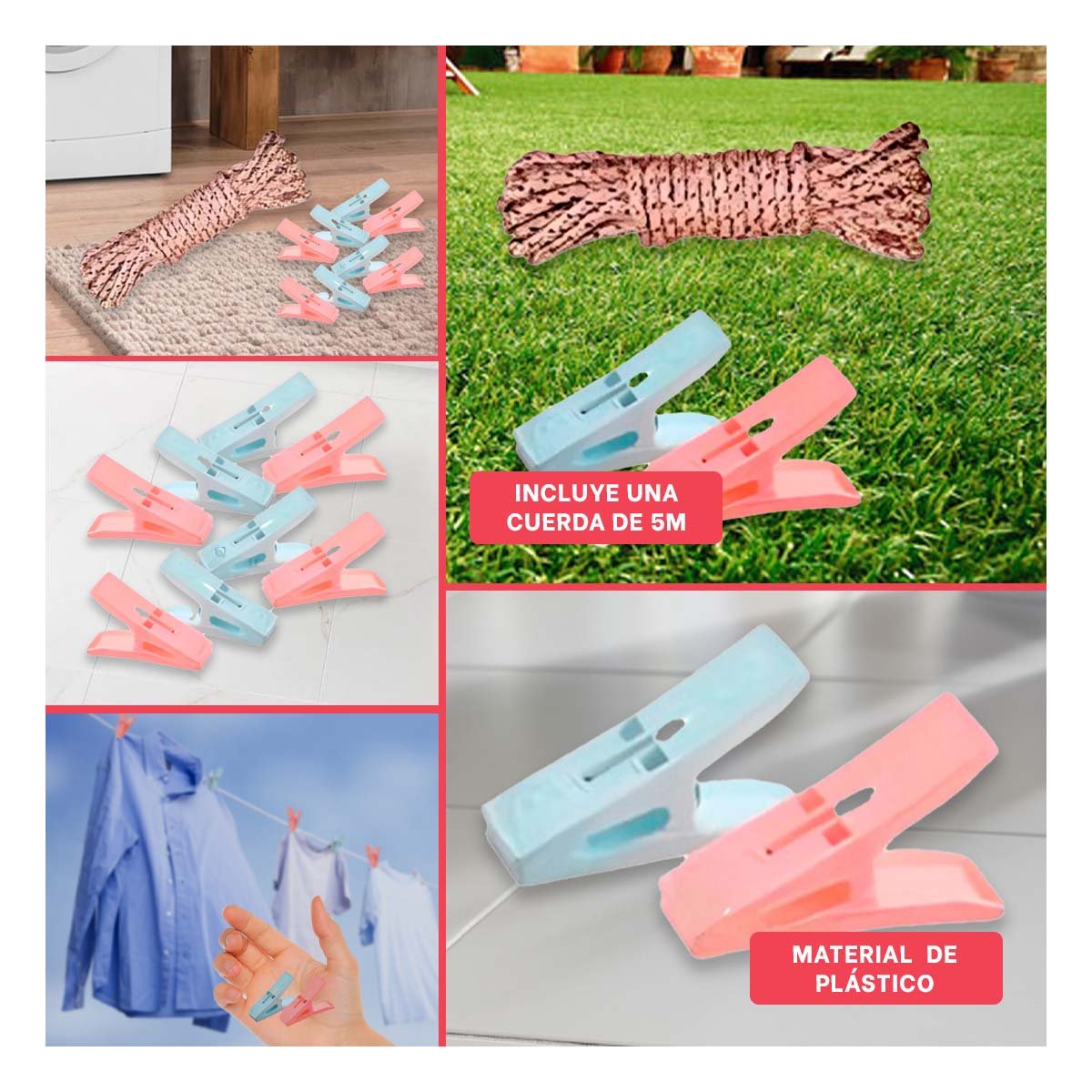 PACK12 PINZAS CUADRADAS MULTICOLOR PARA ROPA CON CUERDA PARA USO DIARIO CONTINUO Y+PAPEL REGALO - 2