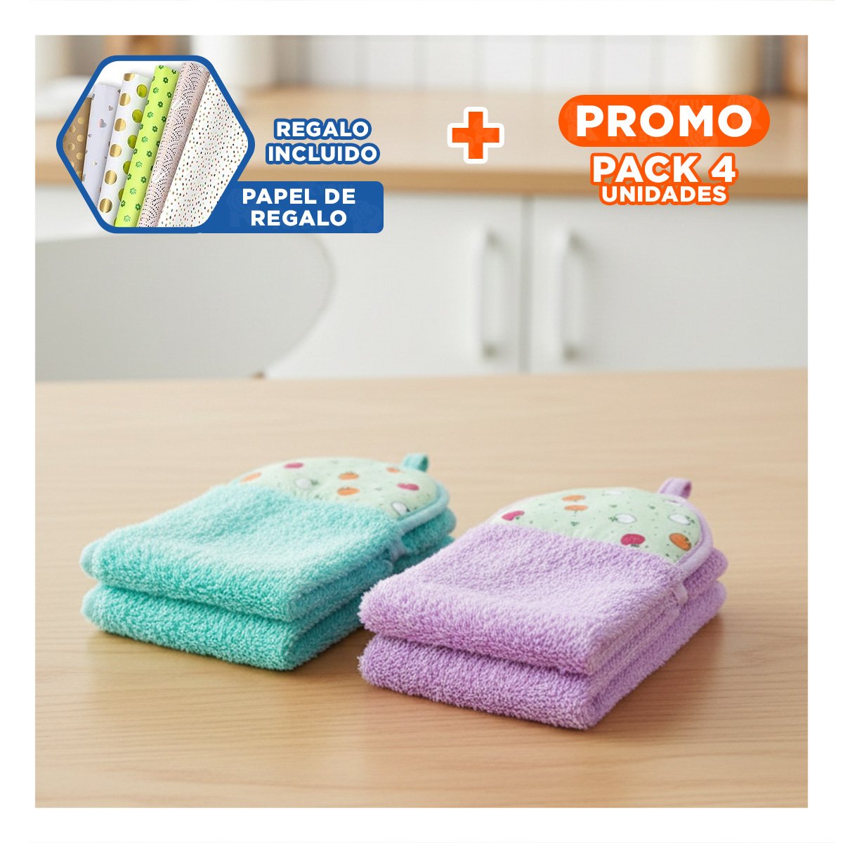 PACK4 LOTE PRACTICO 2 PIEZAS MORADO Y VERDE AGUA TOALLAS COLGADOR 28X38CM Y+PAPEL REGALO - 1