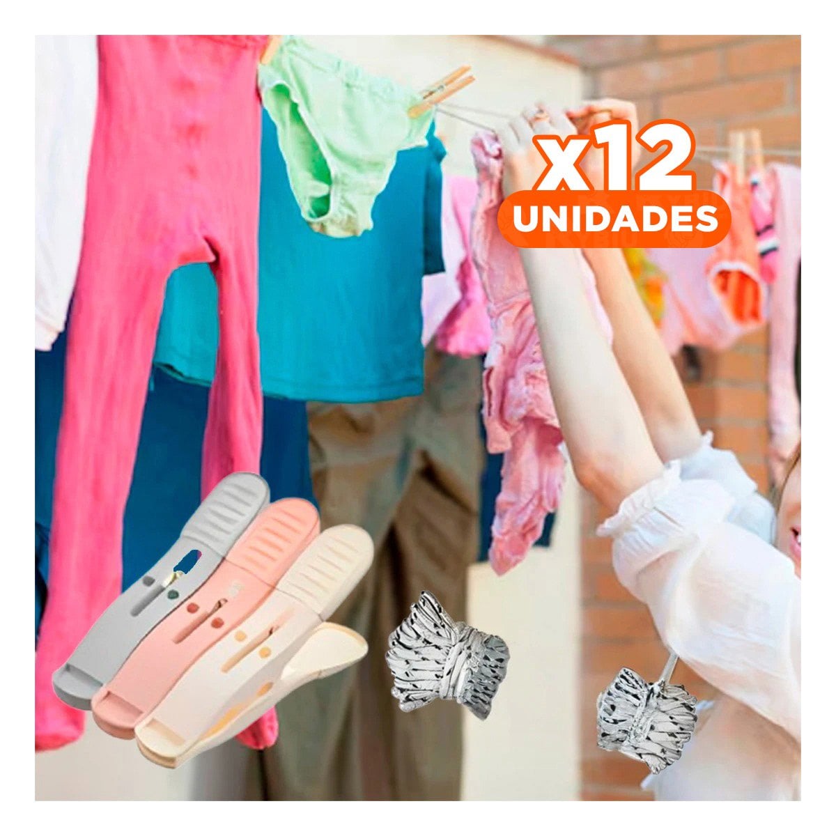 PACK12 BROCHES MULTICOLOR PARA ROPA EN TRES TONOS CON CUERDA PARA ESPACIOS DEL HOGAR - 1