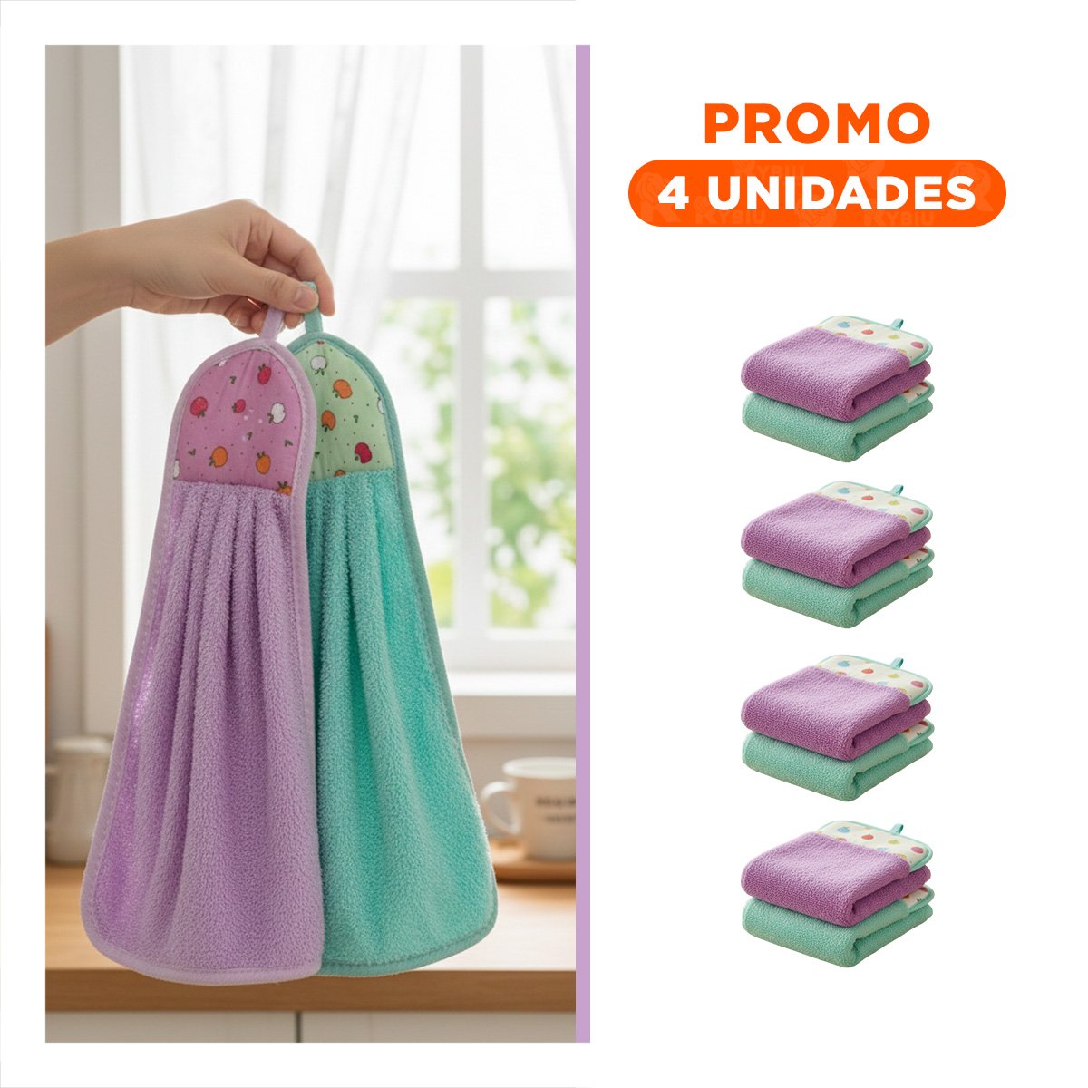 PACK4 KIT 2 TOALLAS DE MANO MORADO Y VERDE AGUA COLGADOR SUAVE 28X38CM Y+REGALO STICKER - 1