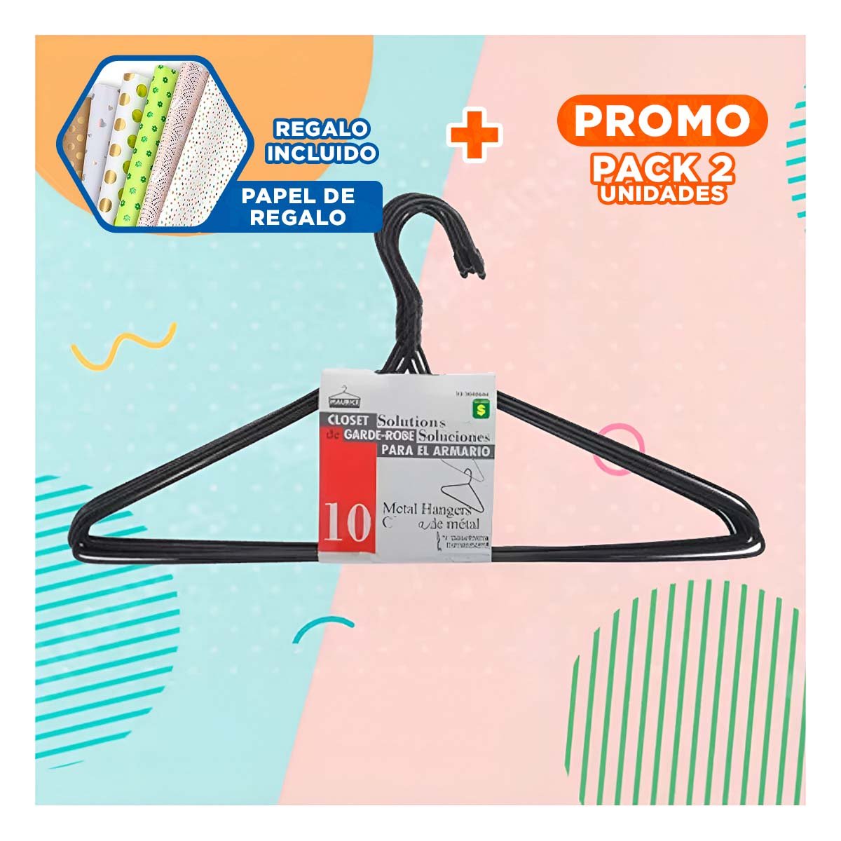 PACK2 GANCHO CLASICO DE ALAMBRE NEGRO CON 10 PIEZAS 21X40CM PARA USO DIARIO Y+PAPEL REGALO - 1