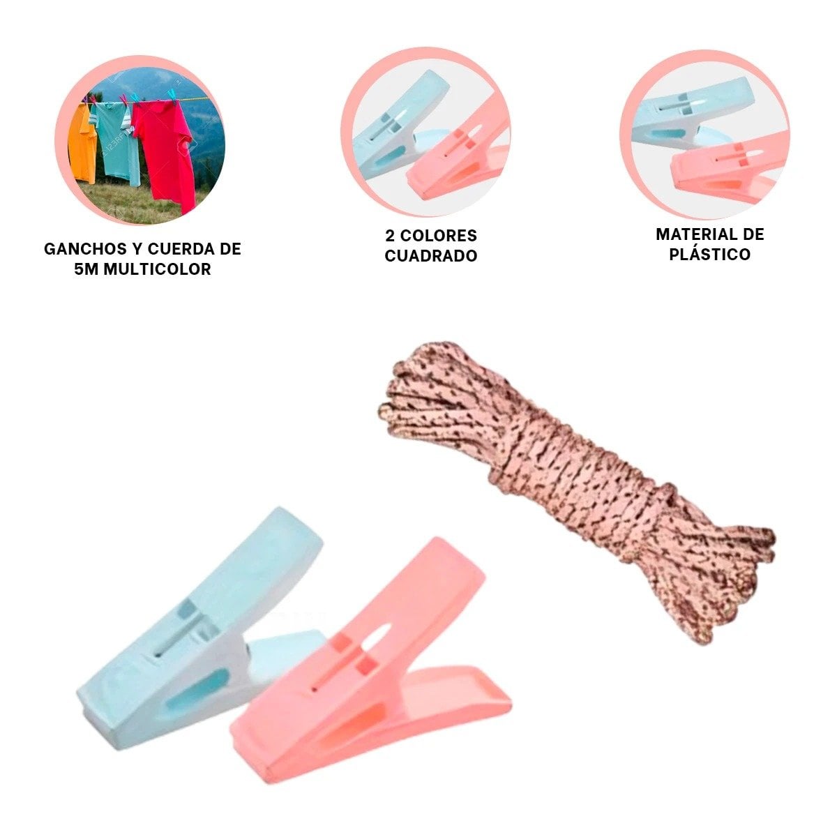 GANCHOS DE ROPA CUADRADOS MULTICOLOR CON CUERDA PARA PRENDAS LIGERAS - 3