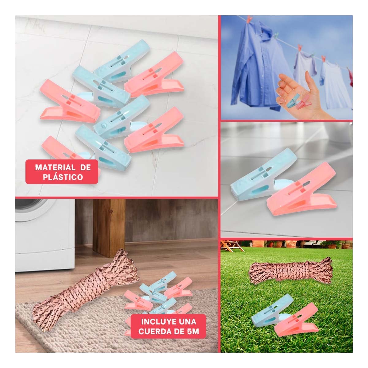 GANCHOS DE ROPA CUADRADOS MULTICOLOR CON CUERDA PARA PRENDAS LIGERAS - 5