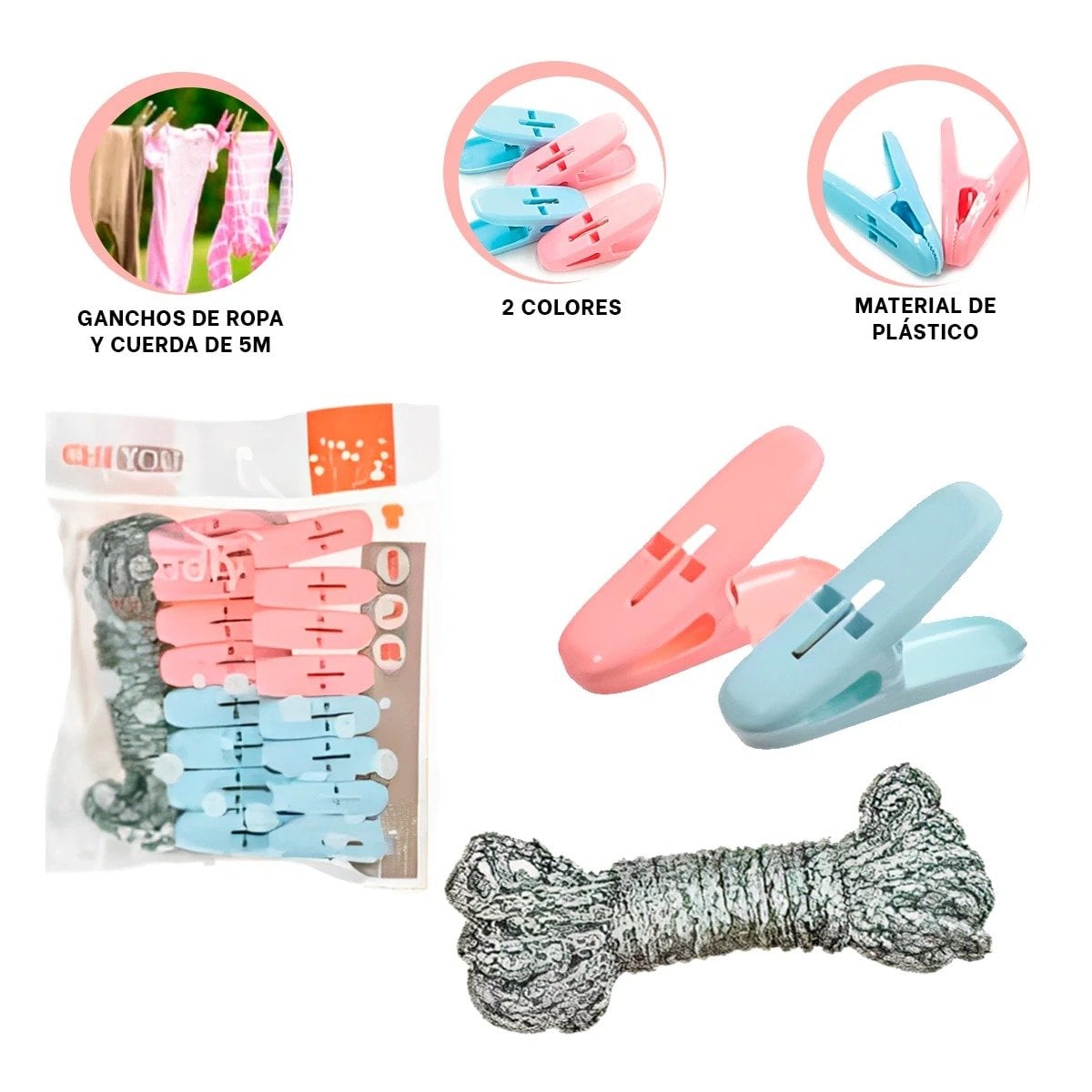 GANCHOS DE ROPA CURVOS DE PLASTICO EN DOS COLORES CON CUERDA PARA CASA - 3