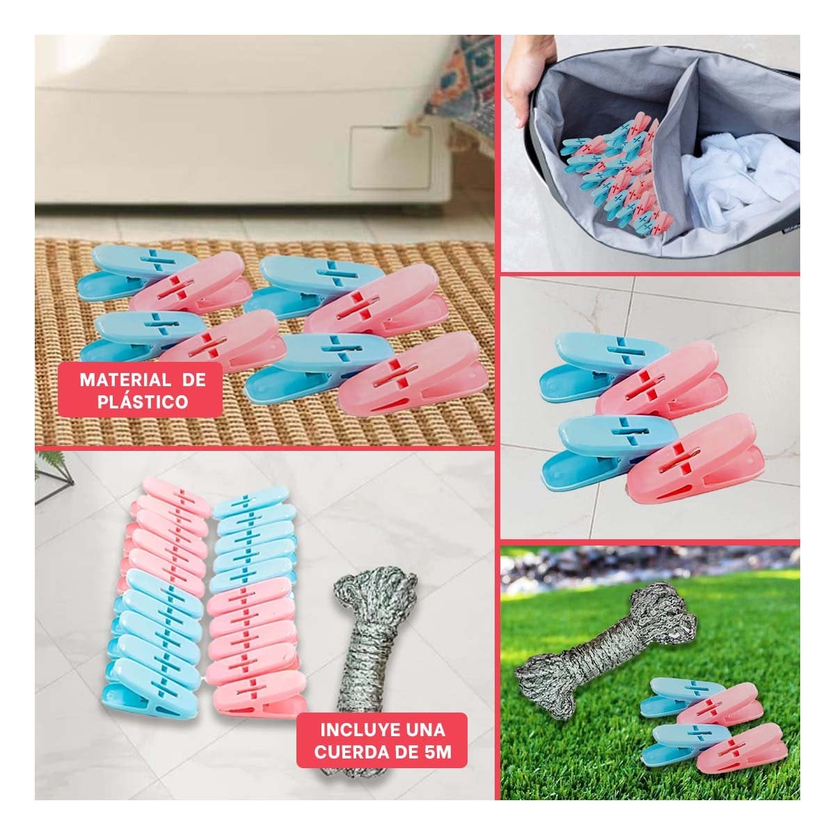 GANCHOS DE ROPA CURVOS DE PLASTICO EN DOS COLORES CON CUERDA PARA CASA - 5