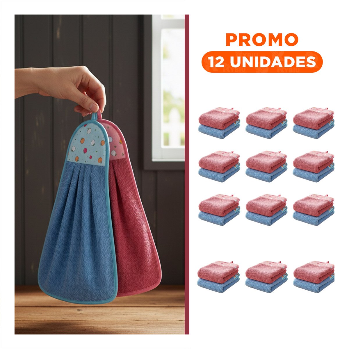 PACK12 COMBO 2 TOALLAS DE MANO FUCSIA Y AZUL COLGADOR PRACTICO 28X38CM Y+REGALO STICKER - 1