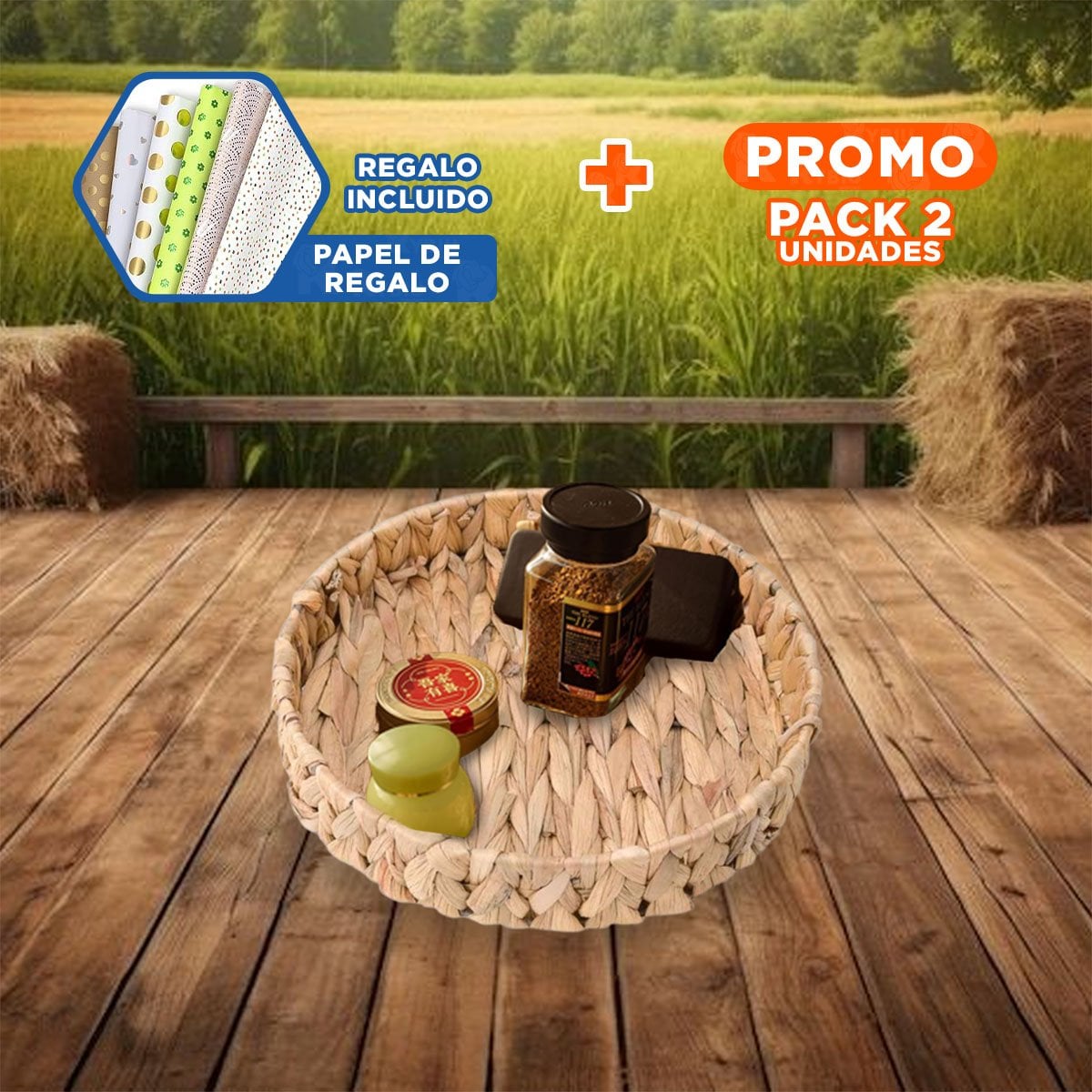 PACK2 CANASTA TEJIDA CIRCULAR GRASS 27X4CM PARA HOGAR Y CASA FESTIVO MOSTAZA YPAPEL REGALO - 1