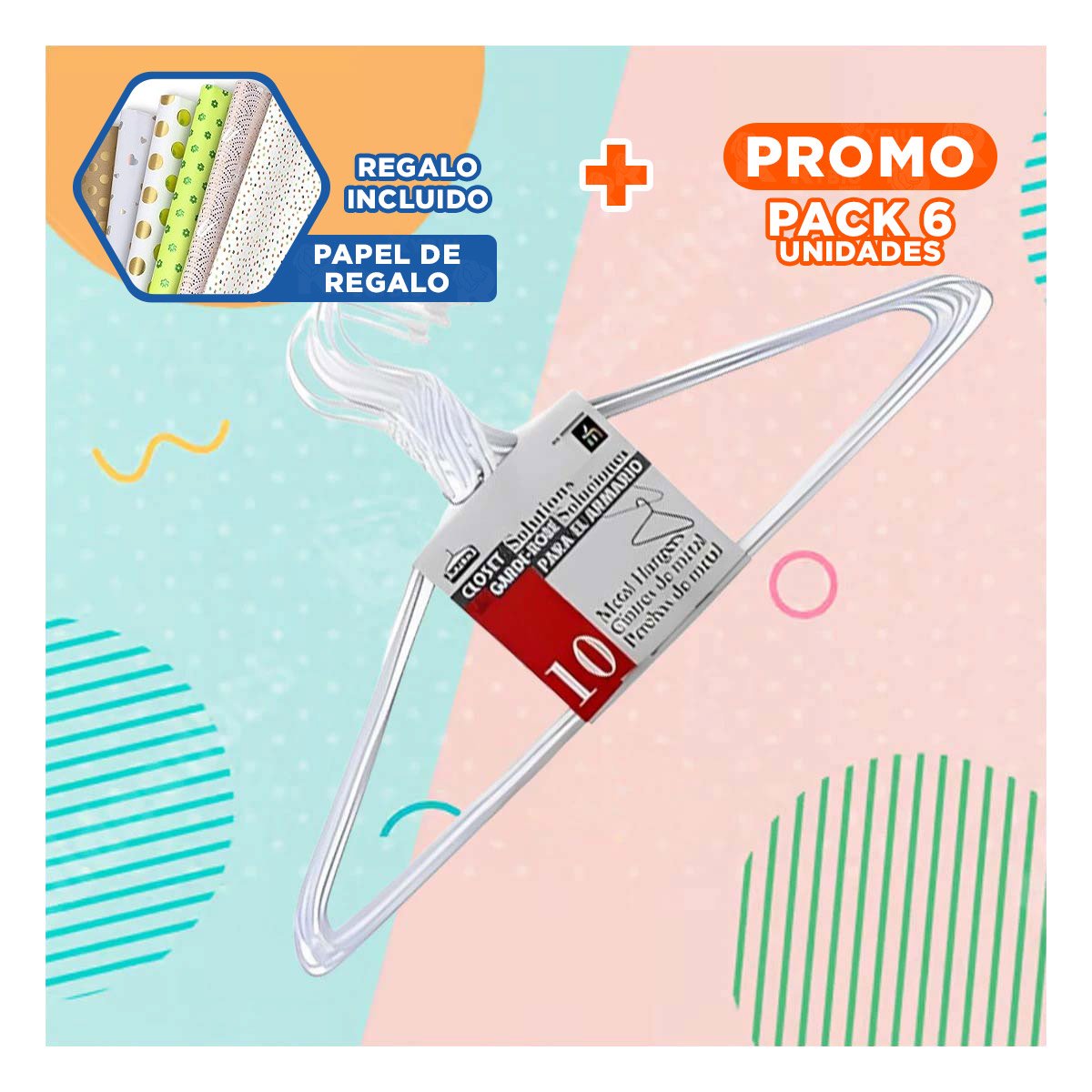 PACK6 PERCHA CLASICA BLANCA DE ALAMBRE SET 10 PIEZAS 21X40CM Y+PAPEL REGALO - 1