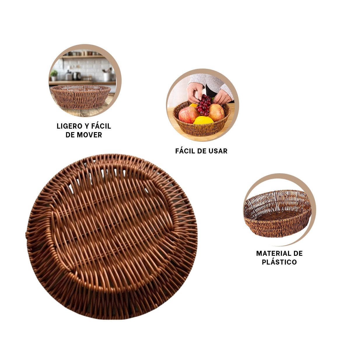 CESTA TEJIDA CIRCULAR 21X15X7 CM MARRON PARA ORDEN EN HOGAR DIARIO PLUS - 3