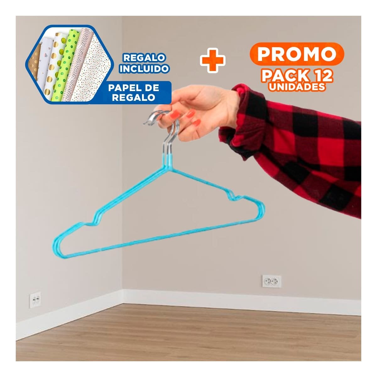 PACK12 COLGANTE DE ROPA PRACTICO PARA ORGANIZAR 5 PIEZAS 20X40,5CM CELESTE Y+PAPEL REGALO - 1
