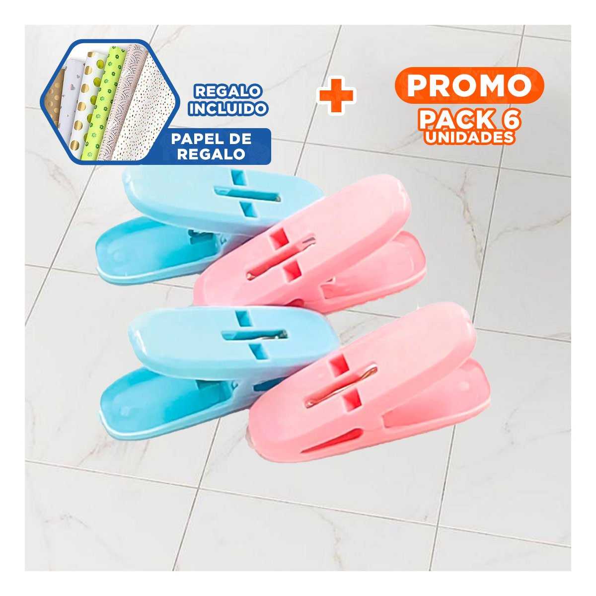 PACK6 SUJETADORES DE ROPA CURVOS DE PLASTICO EN DOS COLORES CON CUERDA INCLUIDA Y+PAPEL REGALO - 1