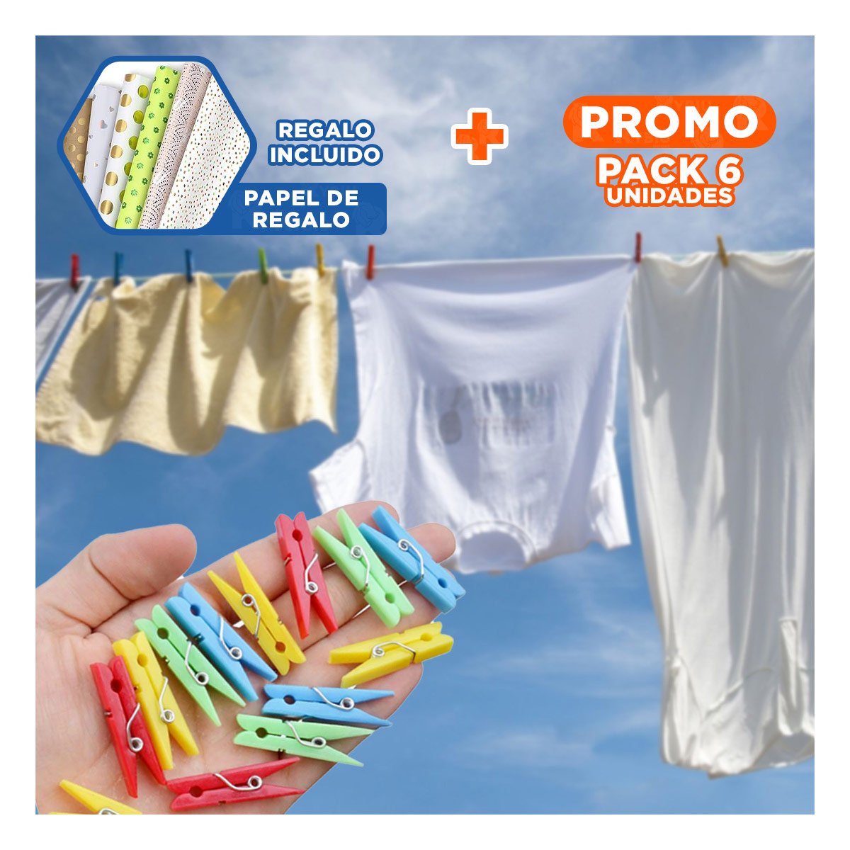 PACK6 PINZAS MULTICOLOR DE PLASTICO PARA ROPA CON 24 PIEZAS PARA LAVANDERIA Y+PAPEL REGALO - 1