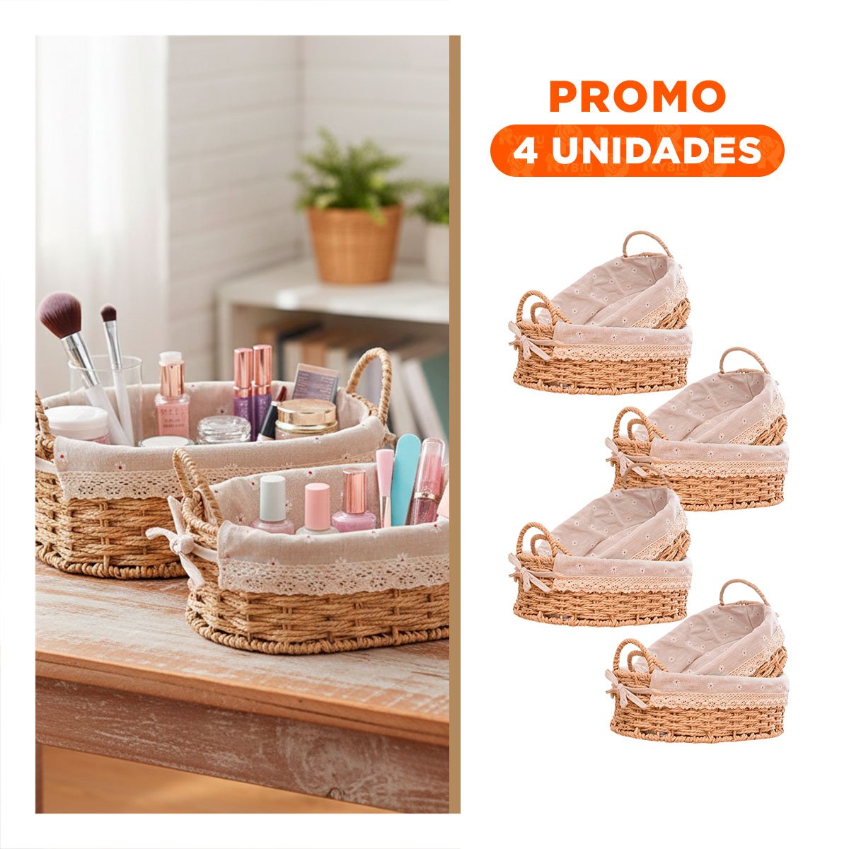 PACK4 JUEGO 2 CAJA OVALADA TEJIDA CON FORRO BEIGE Y PLOMO PARA OBJETOS Y ROPA Y+REGALO STICKER - 1