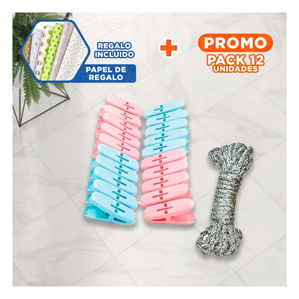 PACK12 PINZAS DE PLASTICO CURVAS PARA ROPA MULTICOLOR CON CUERDA DOMESTICA Y+PAPEL REGALO - 1