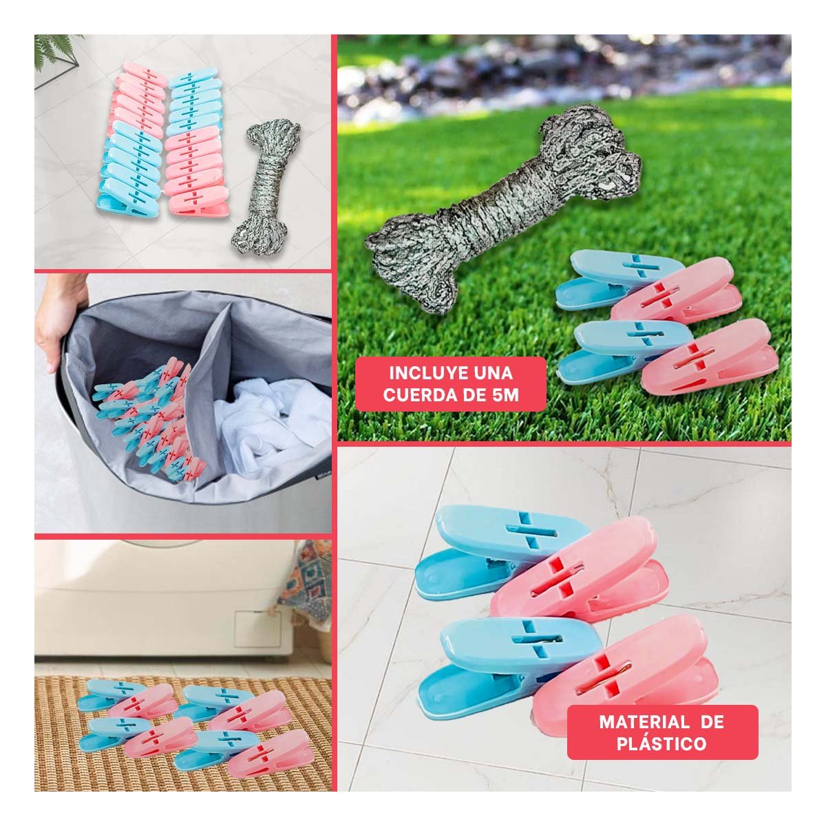 PACK12 PINZAS DE PLASTICO CURVAS PARA ROPA MULTICOLOR CON CUERDA DOMESTICA Y+PAPEL REGALO - 2