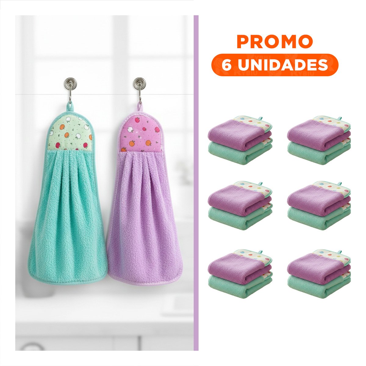 PACK6 KIT PANOS DE MANO 2 PIEZAS MORADO Y VERDE AGUA COLGADOR PRACTICO 28X38CM - 1