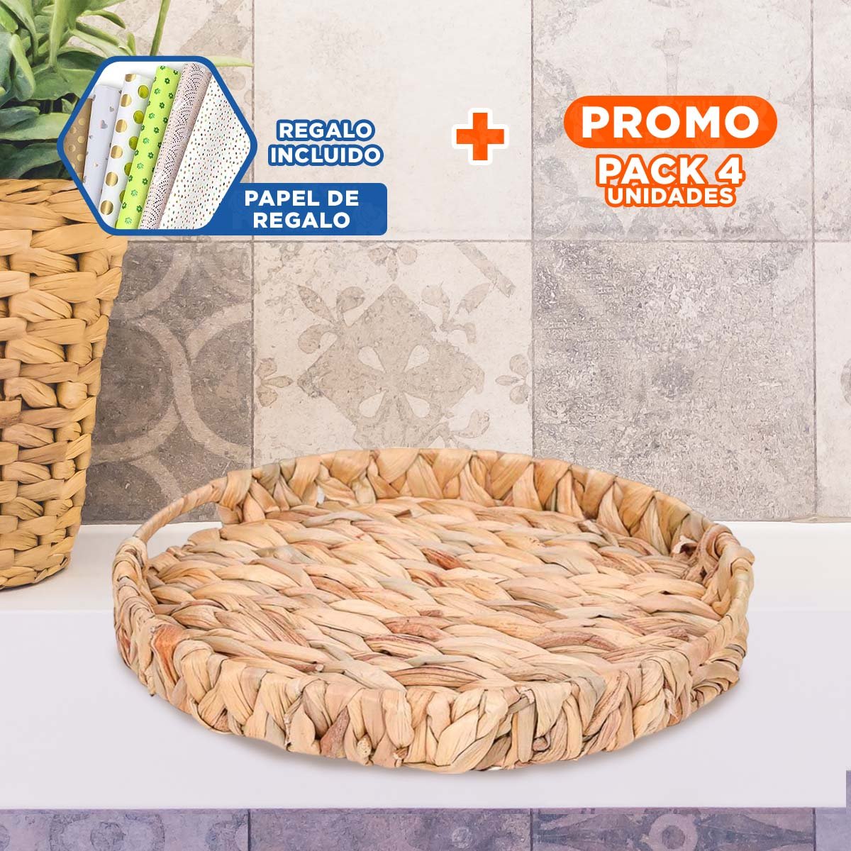 PACK4 BOL REDONDO TEJIDO CON ASAS GRASS 30X4CM MOSTAZA PARA DECORACION FESTIVA Y+PAPEL REGALO - 1