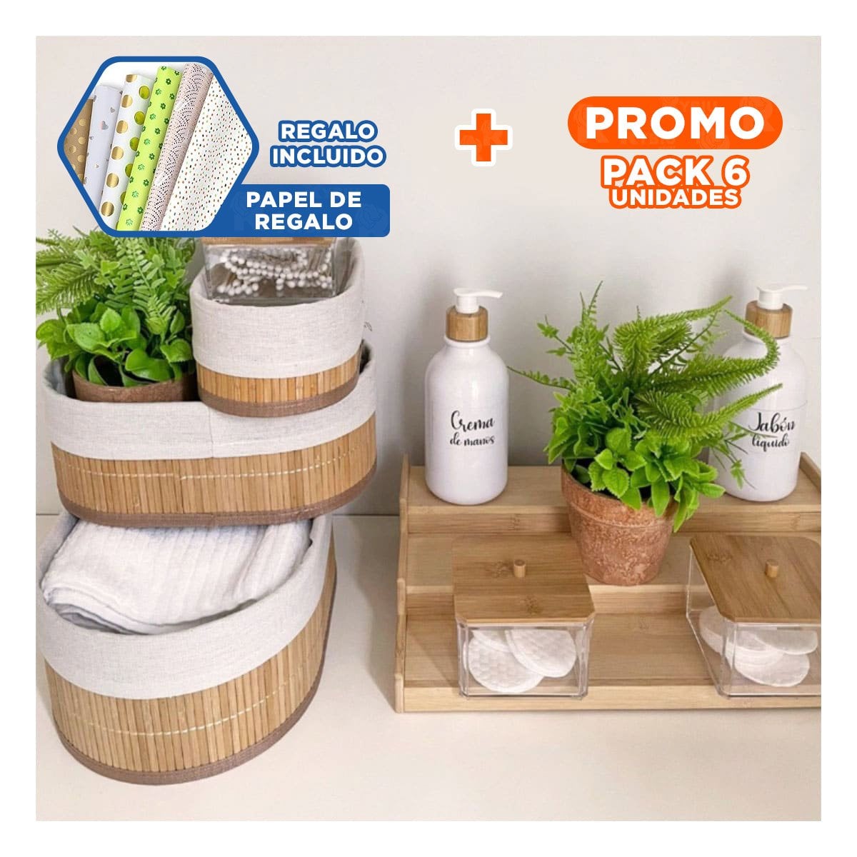 PACK6 CANASTAS VERSATILES DE BAMBU Y TELA PARA USO EN EL HOGAR Y+PAPEL REGALO - 1