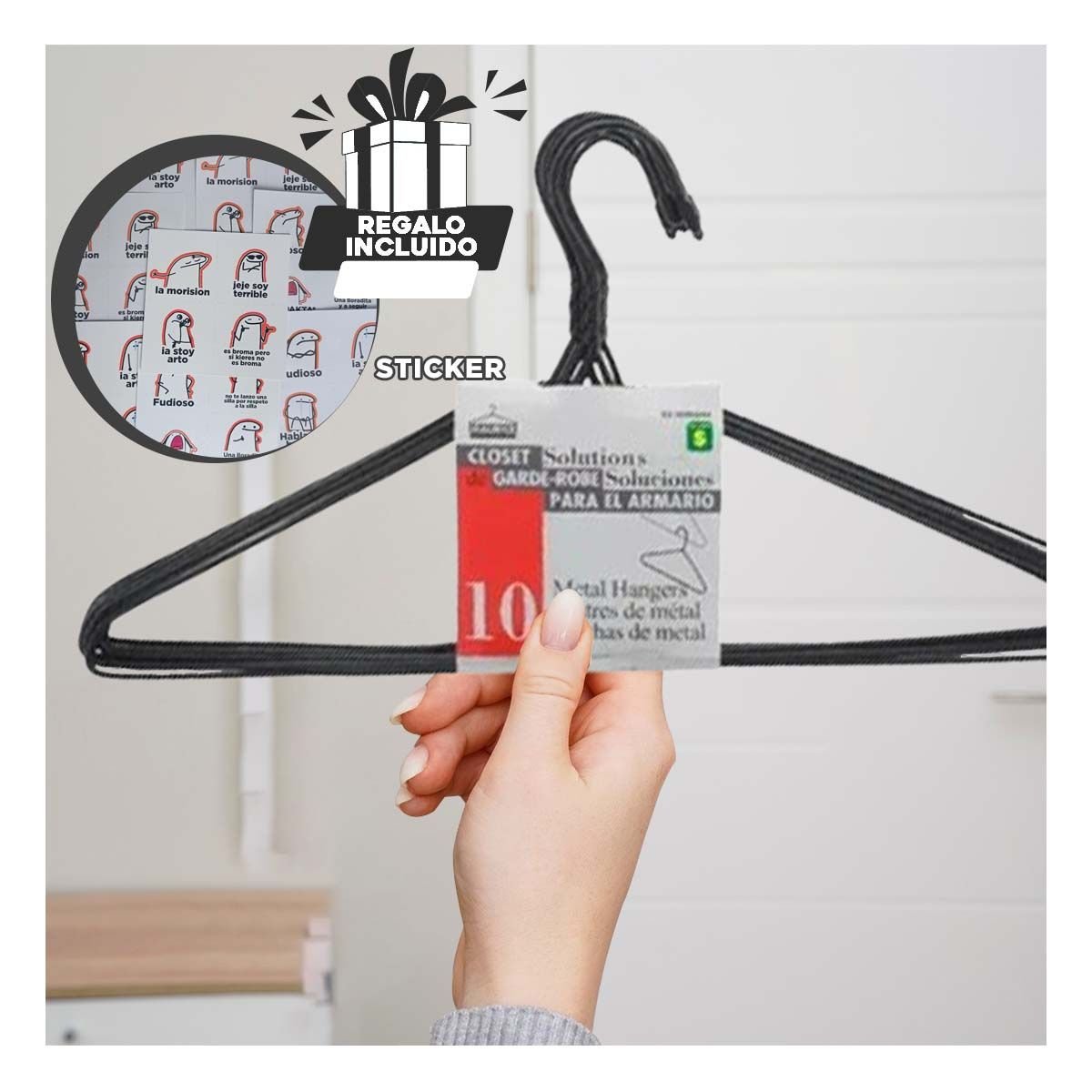 PERCHA DE ALAMBRE NEGRA CON 10 PIEZAS 21X40CM PARA GUARDAR PRENDAS Y+REGALO STICKER - 1