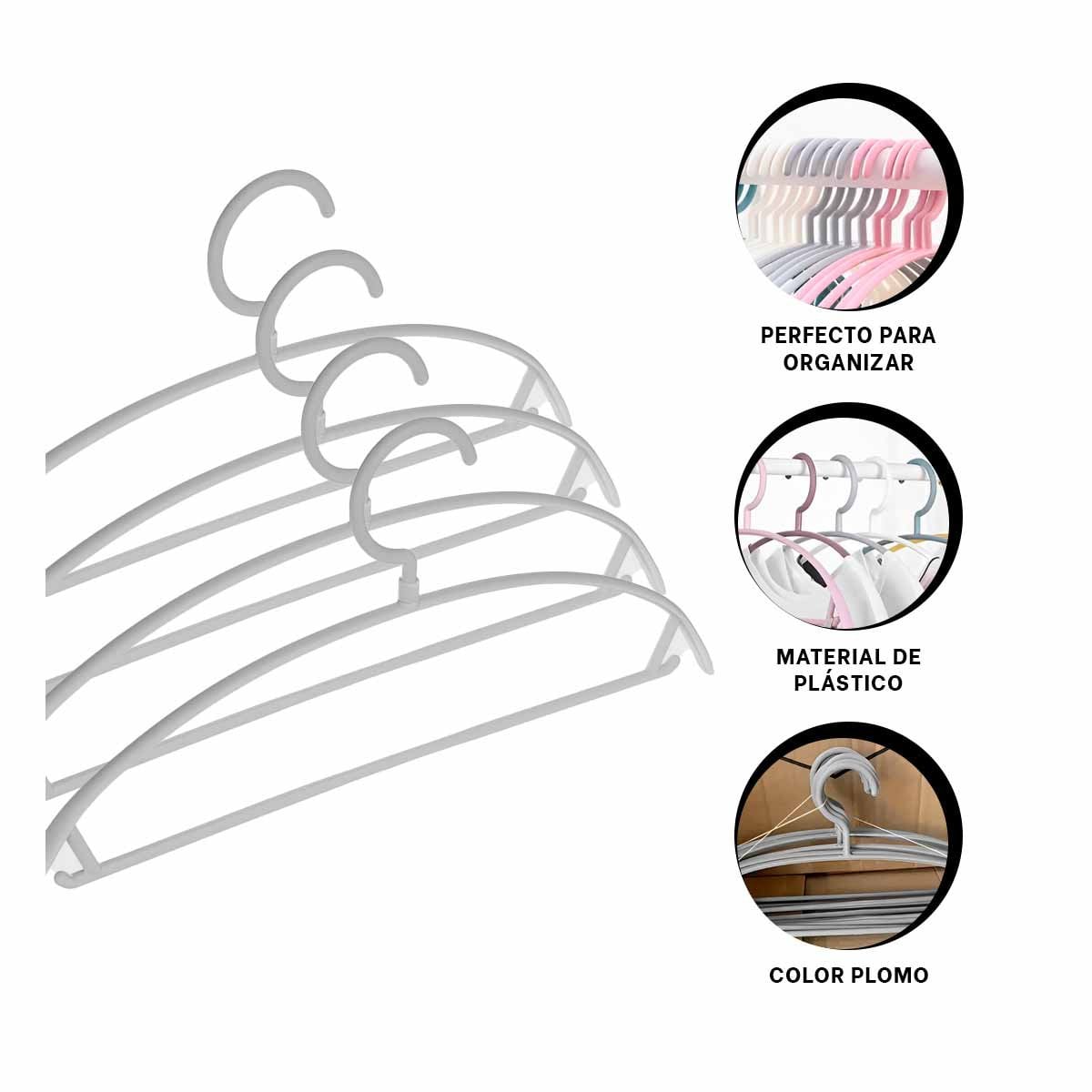 COLGADOR CLASICO DE PLASTICO PLOMO MEDIA LUNA DE 4 PIEZAS PARA CLOSET - 3
