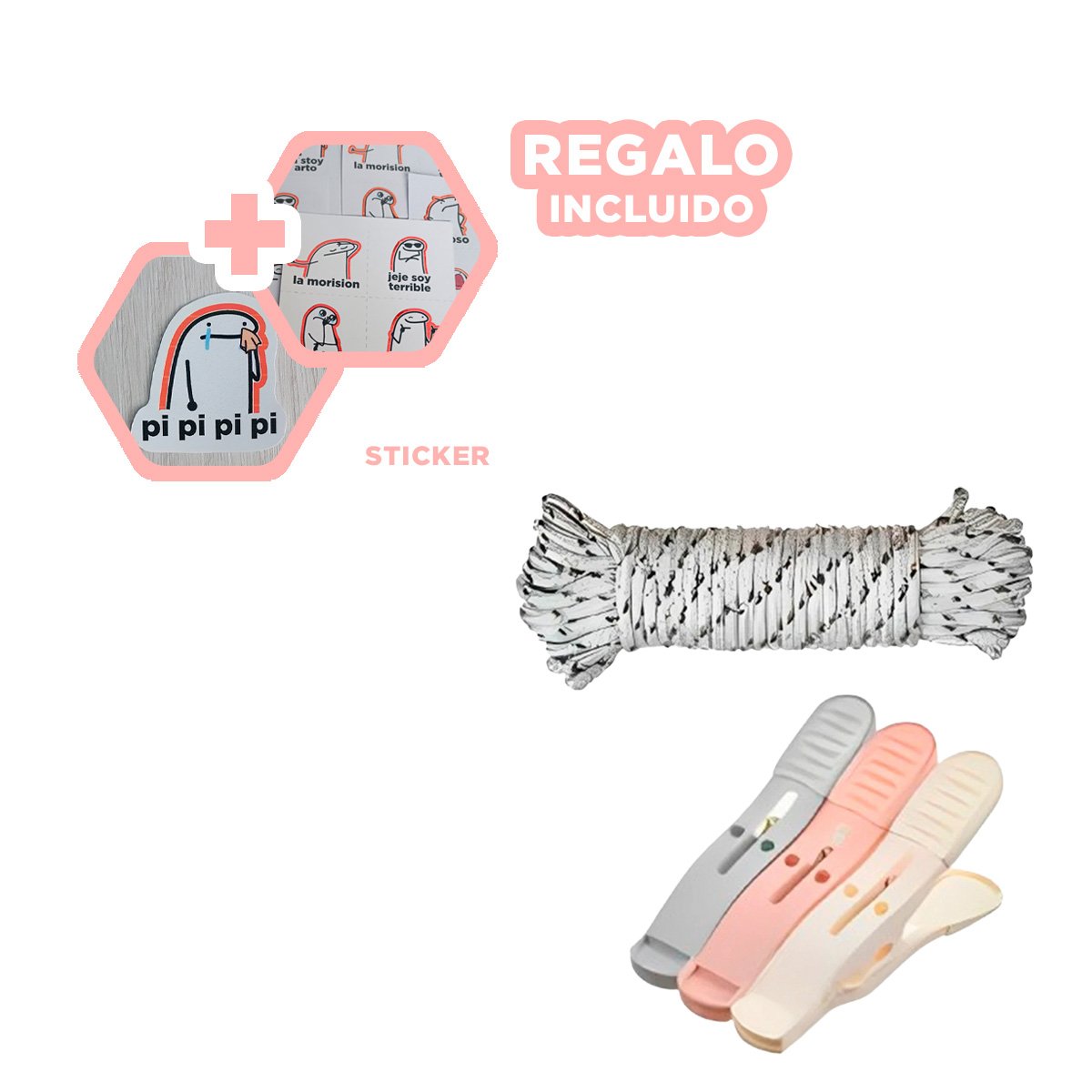 PINZAS DE PLASTICO PARA ROPA MULTICOLOR CON TRES COLORES Y CUERDA YREGALO STICKER - 1