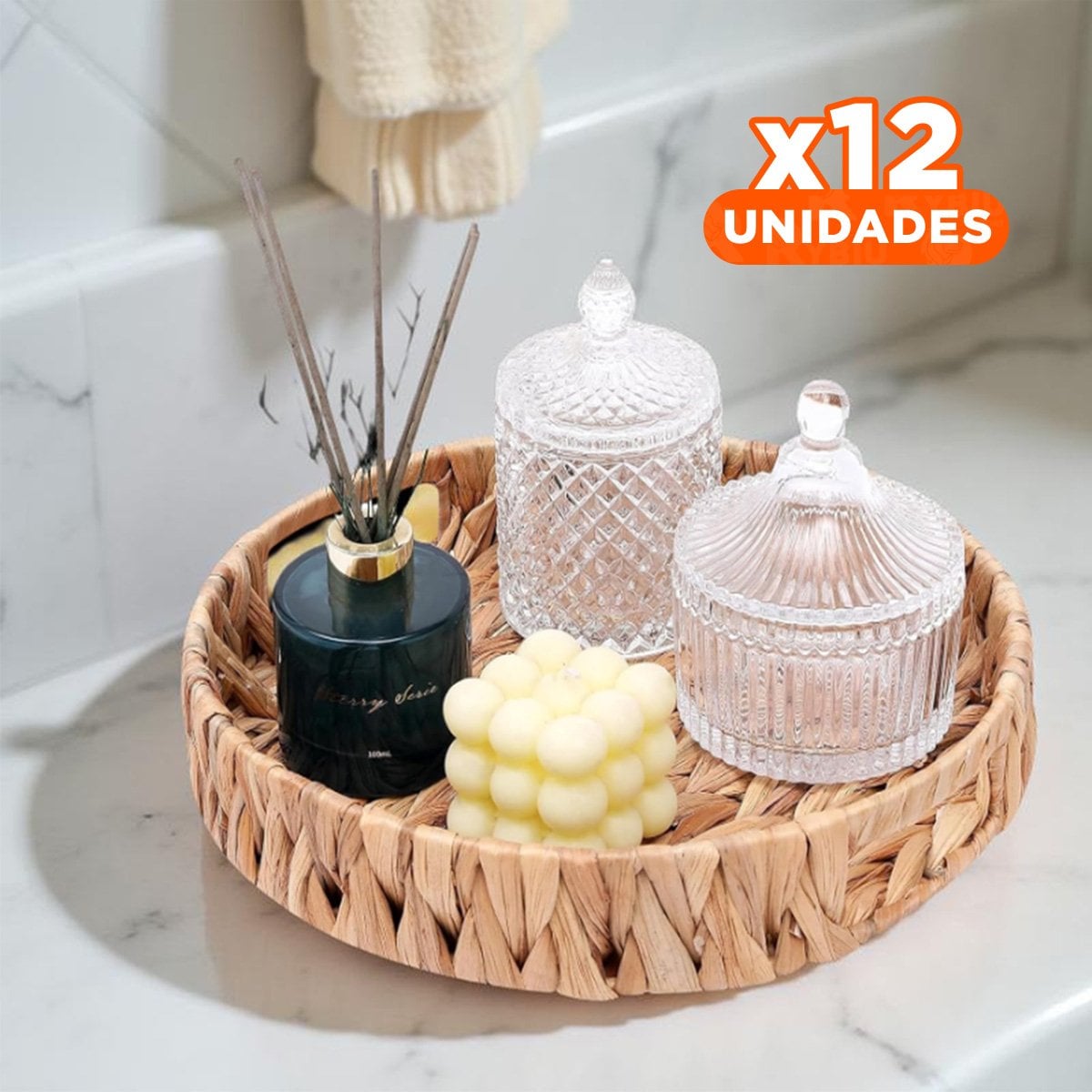PACK12 CAJA TEJIDA CIRCULAR CON ASAS GRASS 32X4CM COLOR MOSTAZA PARA ALMACENAMIENTO EN CASA - 1