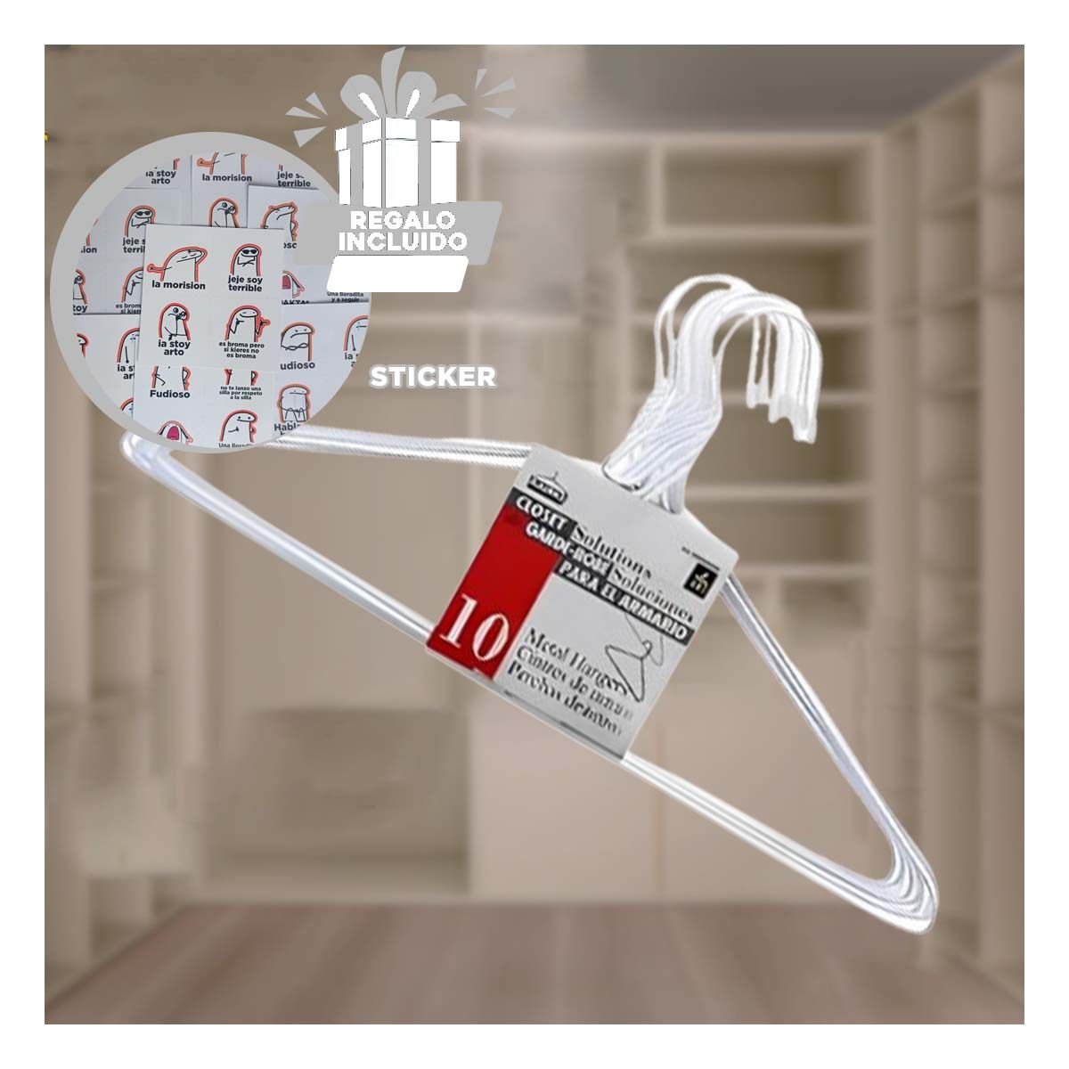 PERCHA BLANCA DE ALAMBRE SET DE 10 PIEZAS 21X40CM PARA CASA Y+REGALO STICKER - 1