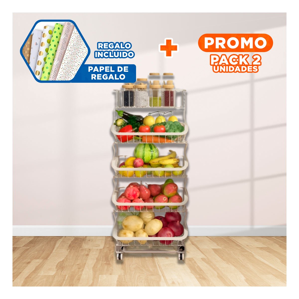 PACK2 CANASTA ALMACENAJE 5 NIVELES ACERO BLANCO CON ESTRUCTURA RESISTENTE Y+PAPEL REGALO - 1