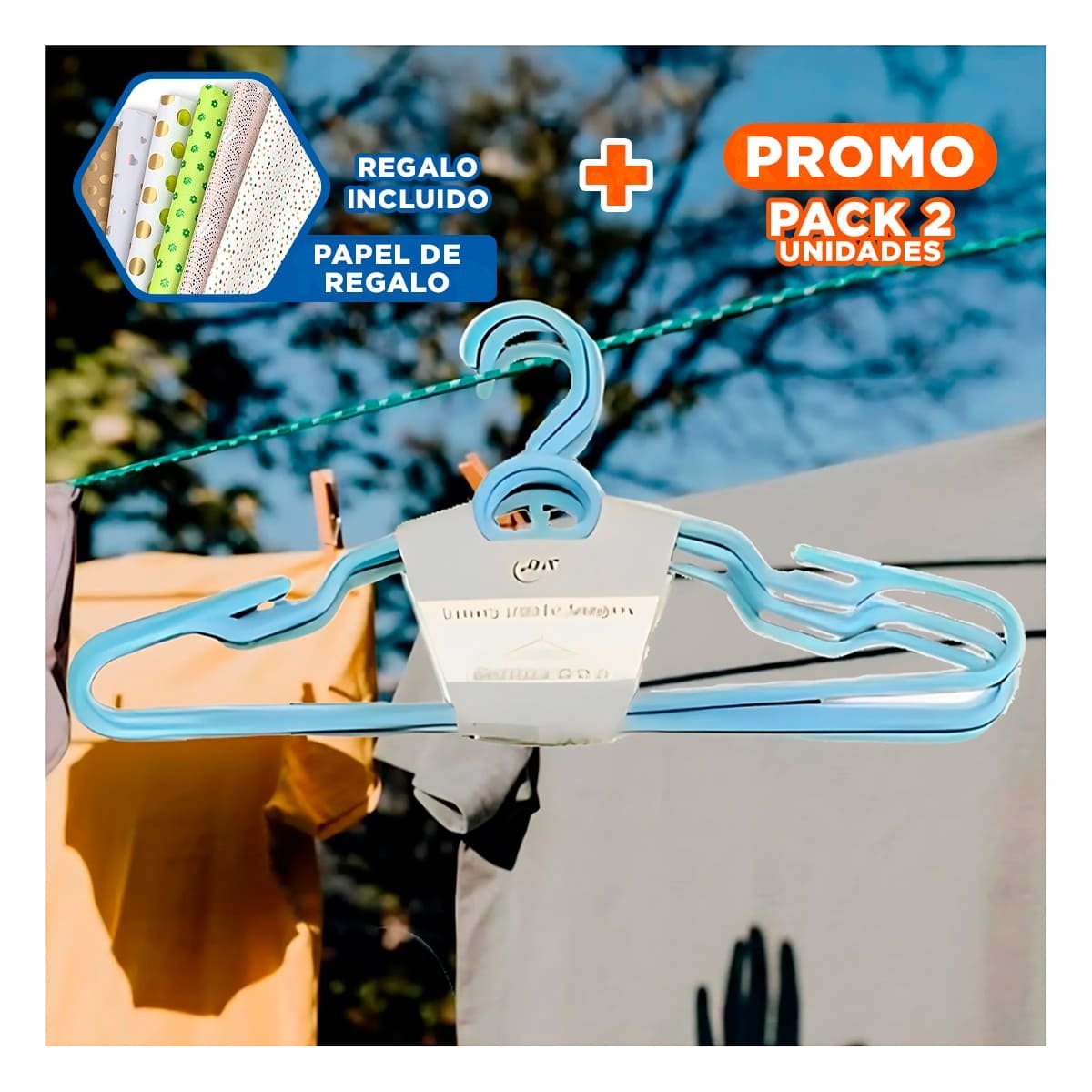 PACK2 GANCHO DIARIO DE PLASTICO CELESTE CIRCULO EN MEDIO DE 4 PIEZAS ROPA Y+PAPEL REGALO - 1